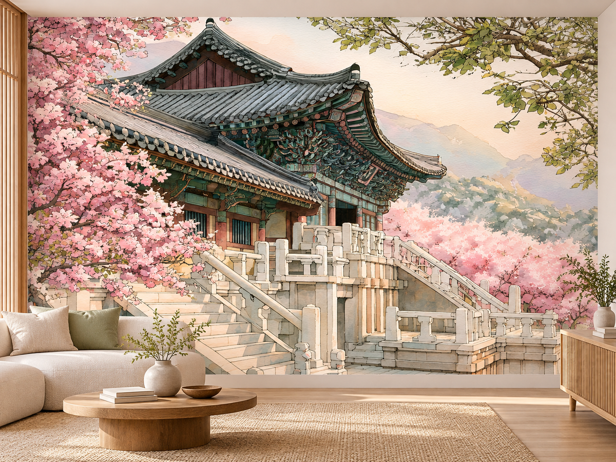 Fine Art Poster of Traditional Korean Architecture and Cherry Blossoms