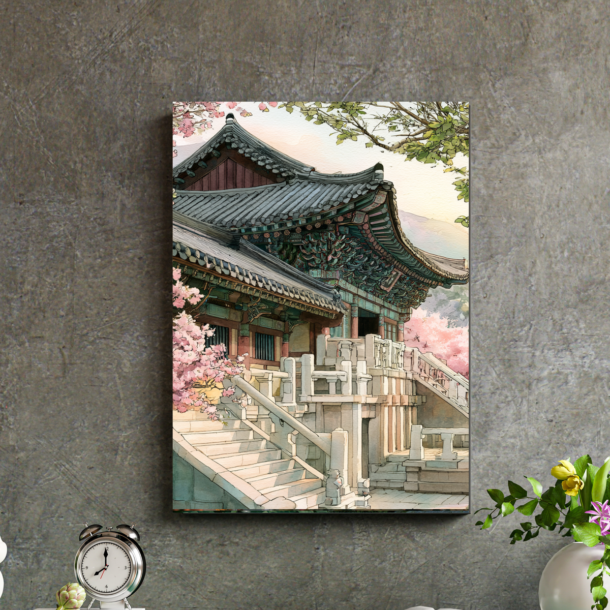 Fine Art Poster of Traditional Korean Architecture and Cherry Blossoms