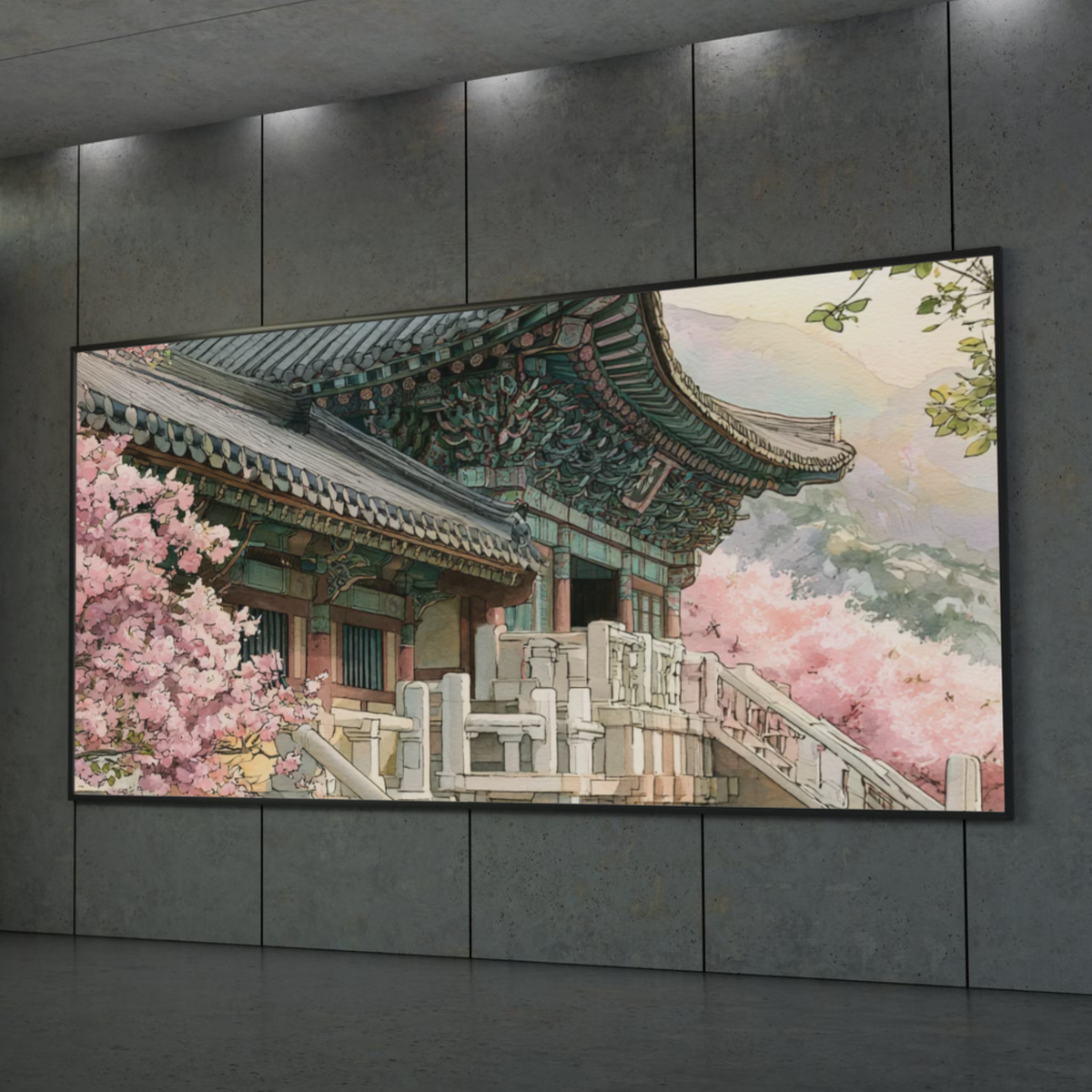Fine Art Poster of Traditional Korean Architecture and Cherry Blossoms