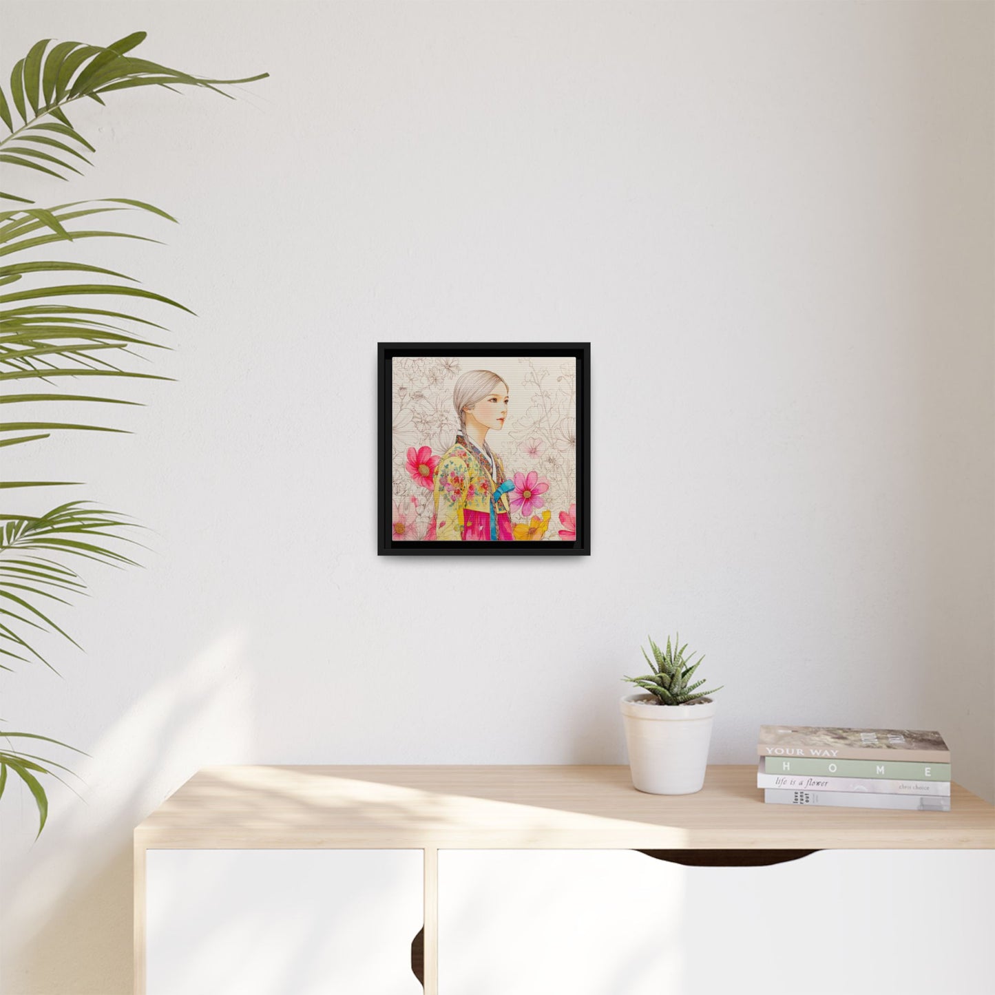 Framed Matte Canvas: Korean Hanbok Girl Floral Portrait