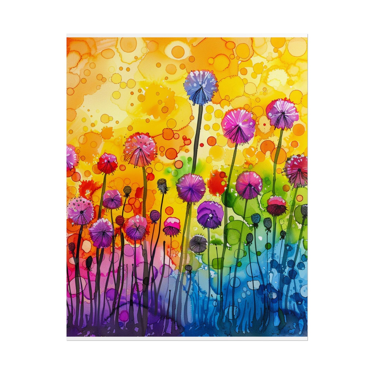 Colorful Floral Watercolor Poster — Rainbow Dandelion Garden Rolled Print