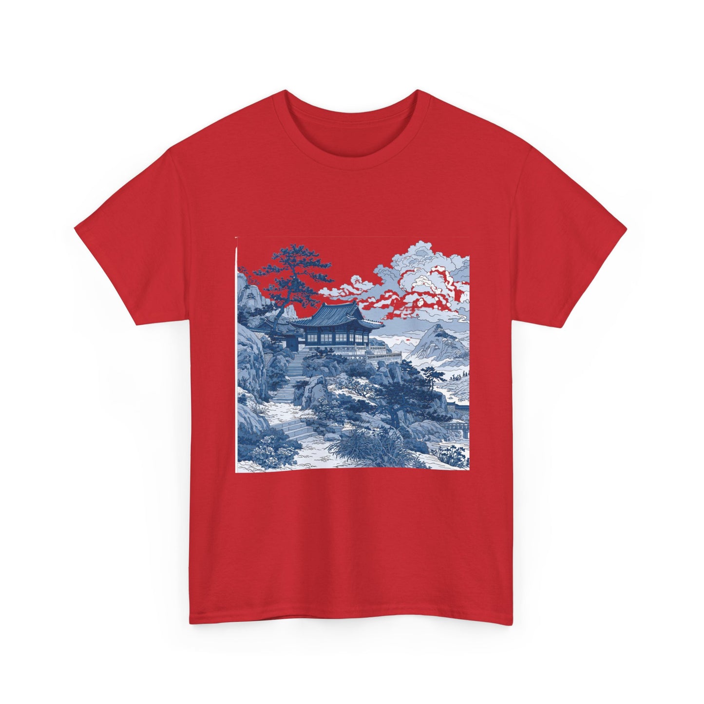 Blue Asian Landscape Tee — Vintage Temple Mountain Scenery T-Shirt