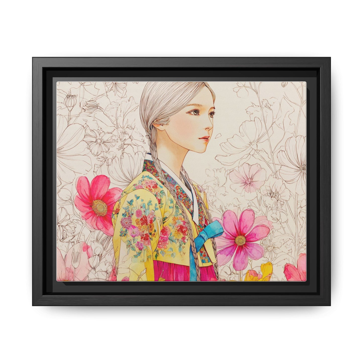 Framed Matte Canvas: Korean Hanbok Girl Floral Portrait