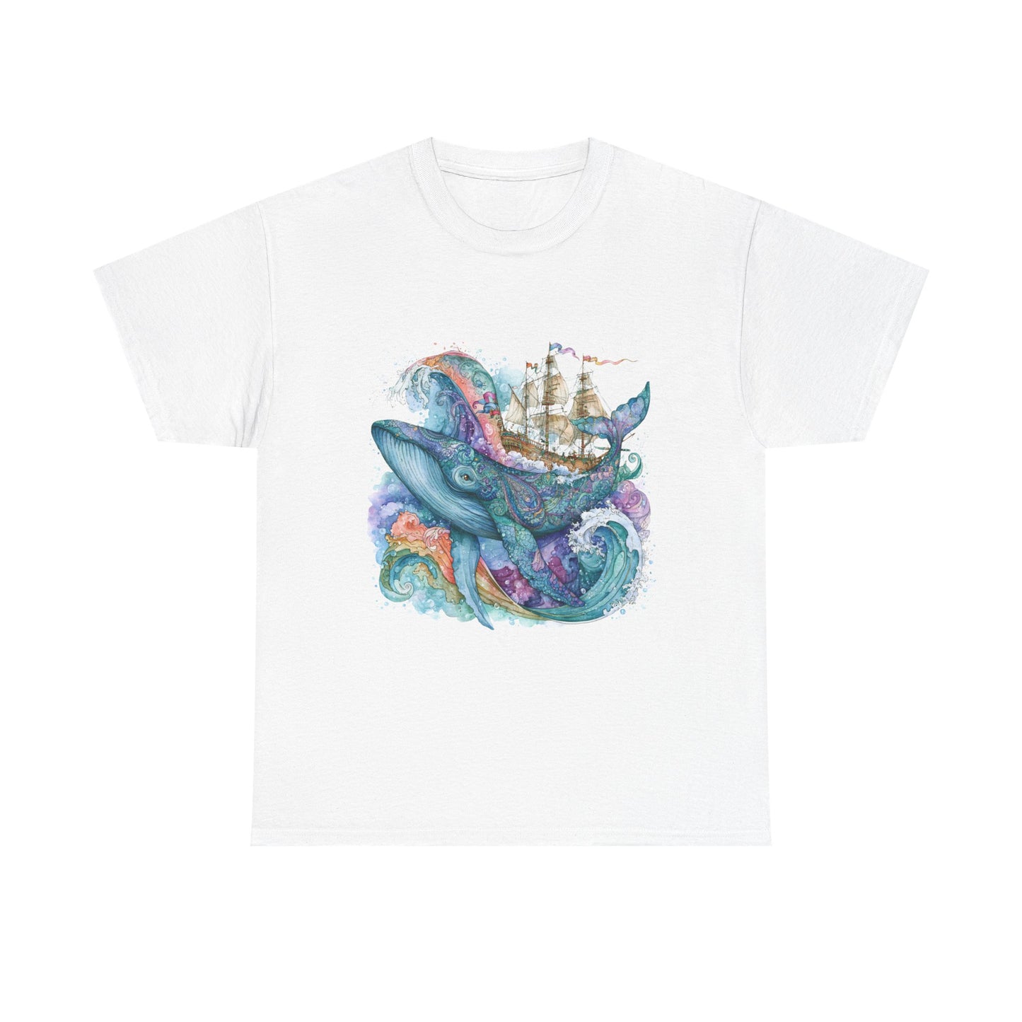 Whale & Ship Watercolor T‑Shirt — Nautical Ocean Art Tee