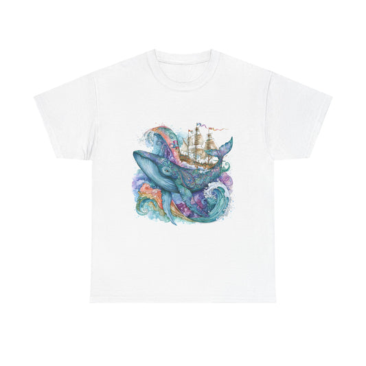Whale & Ship Watercolor T‑Shirt — Nautical Ocean Art Tee