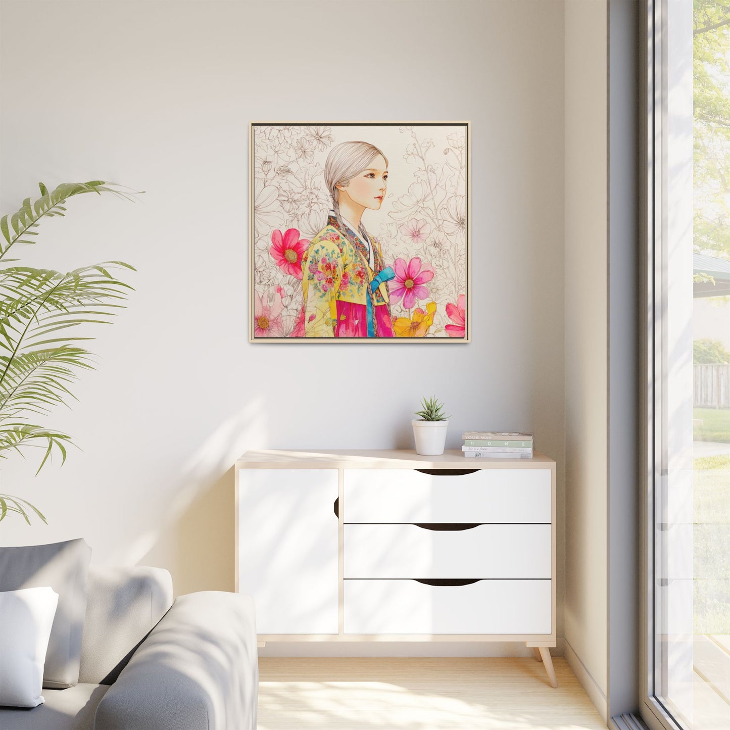 Framed Matte Canvas: Korean Hanbok Girl Floral Portrait