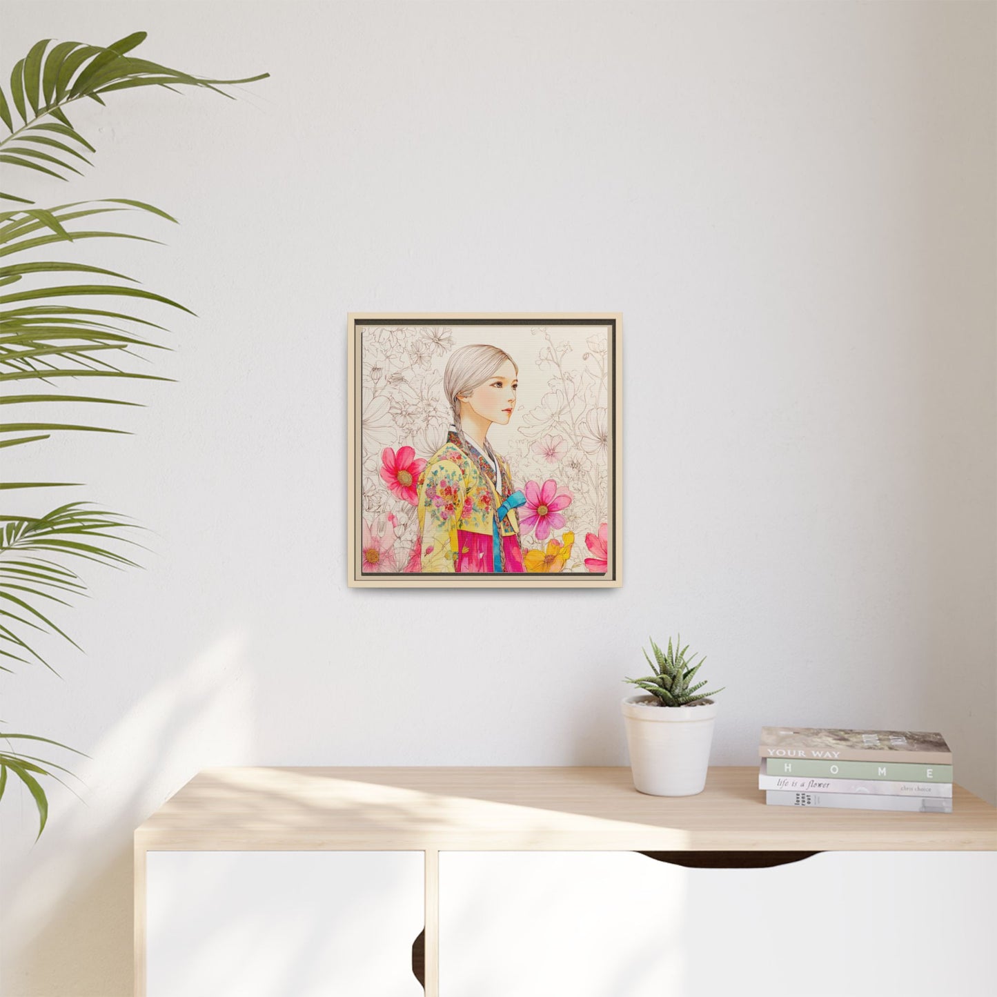 Framed Matte Canvas: Korean Hanbok Girl Floral Portrait
