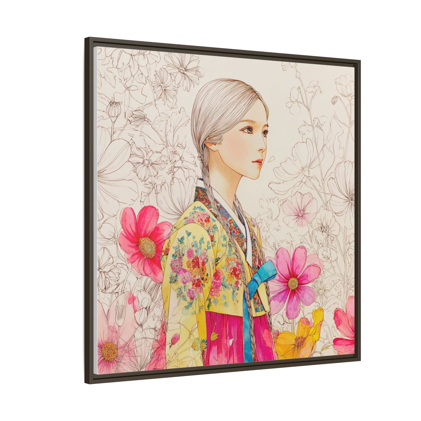 Framed Matte Canvas: Korean Hanbok Girl Floral Portrait