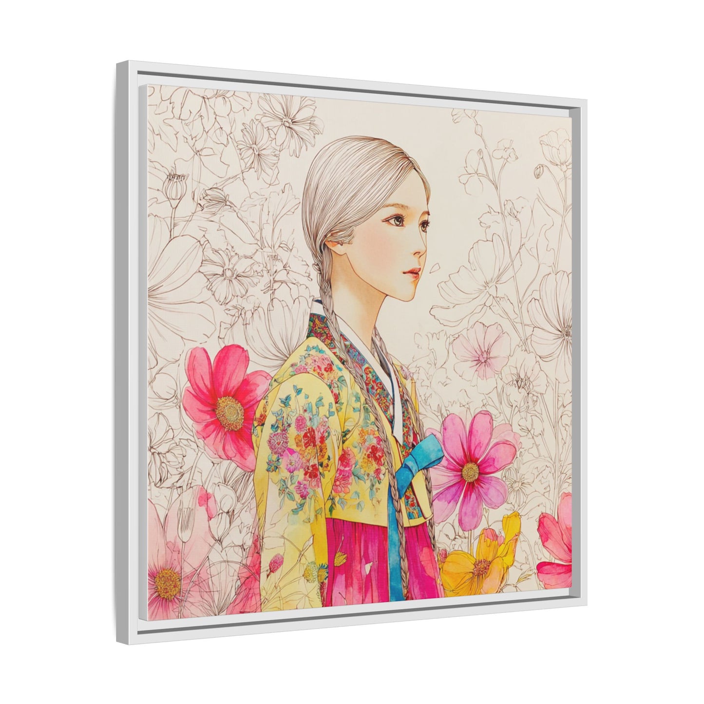 Framed Matte Canvas: Korean Hanbok Girl Floral Portrait