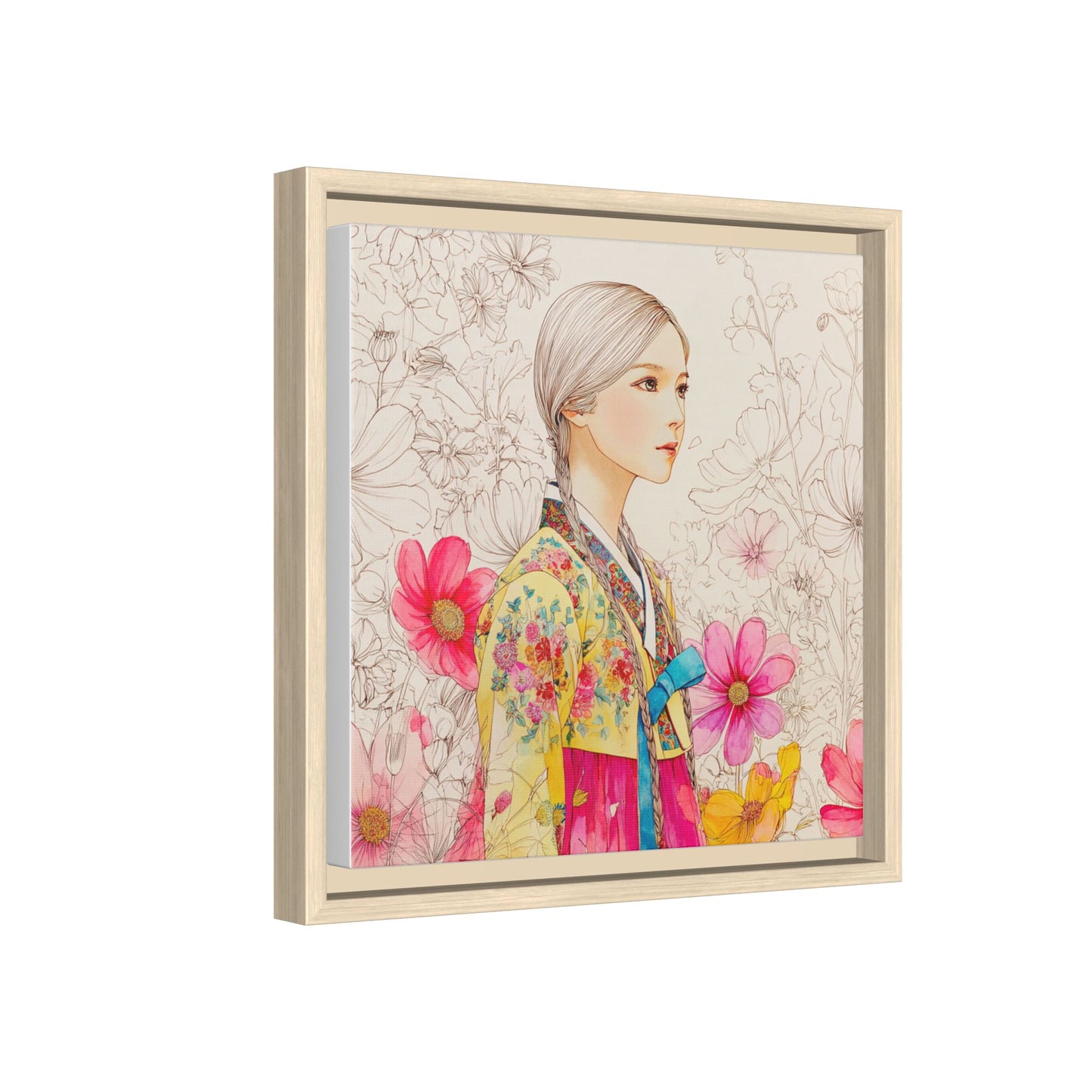 Framed Matte Canvas: Korean Hanbok Girl Floral Portrait