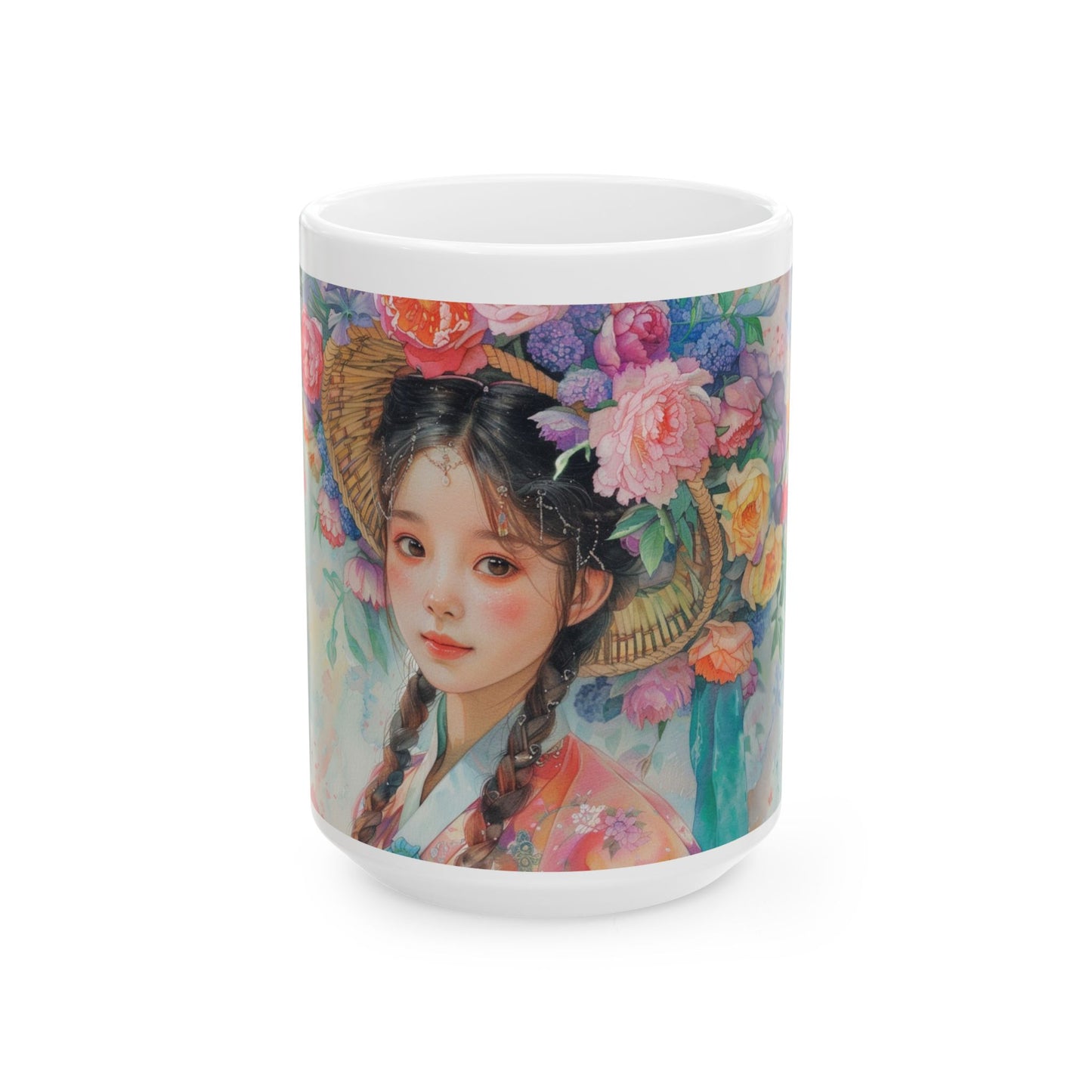 Floral Asian Portrait Ceramic Mug — Elegant Vintage-Inspired Tea Cup (11oz/15oz)