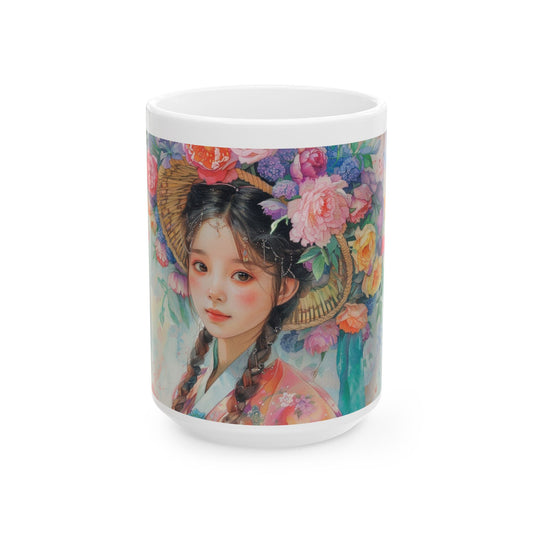 Floral Asian Portrait Ceramic Mug — Elegant Vintage-Inspired Tea Cup (11oz/15oz)