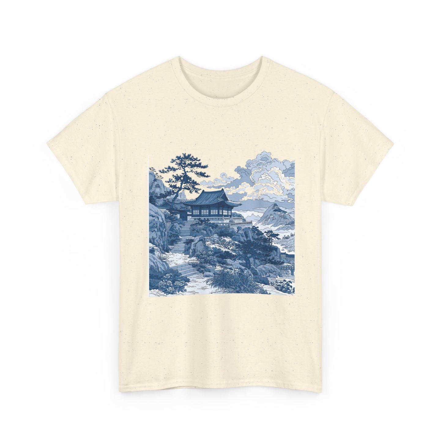 Blue Asian Landscape Tee — Vintage Temple Mountain Scenery T-Shirt