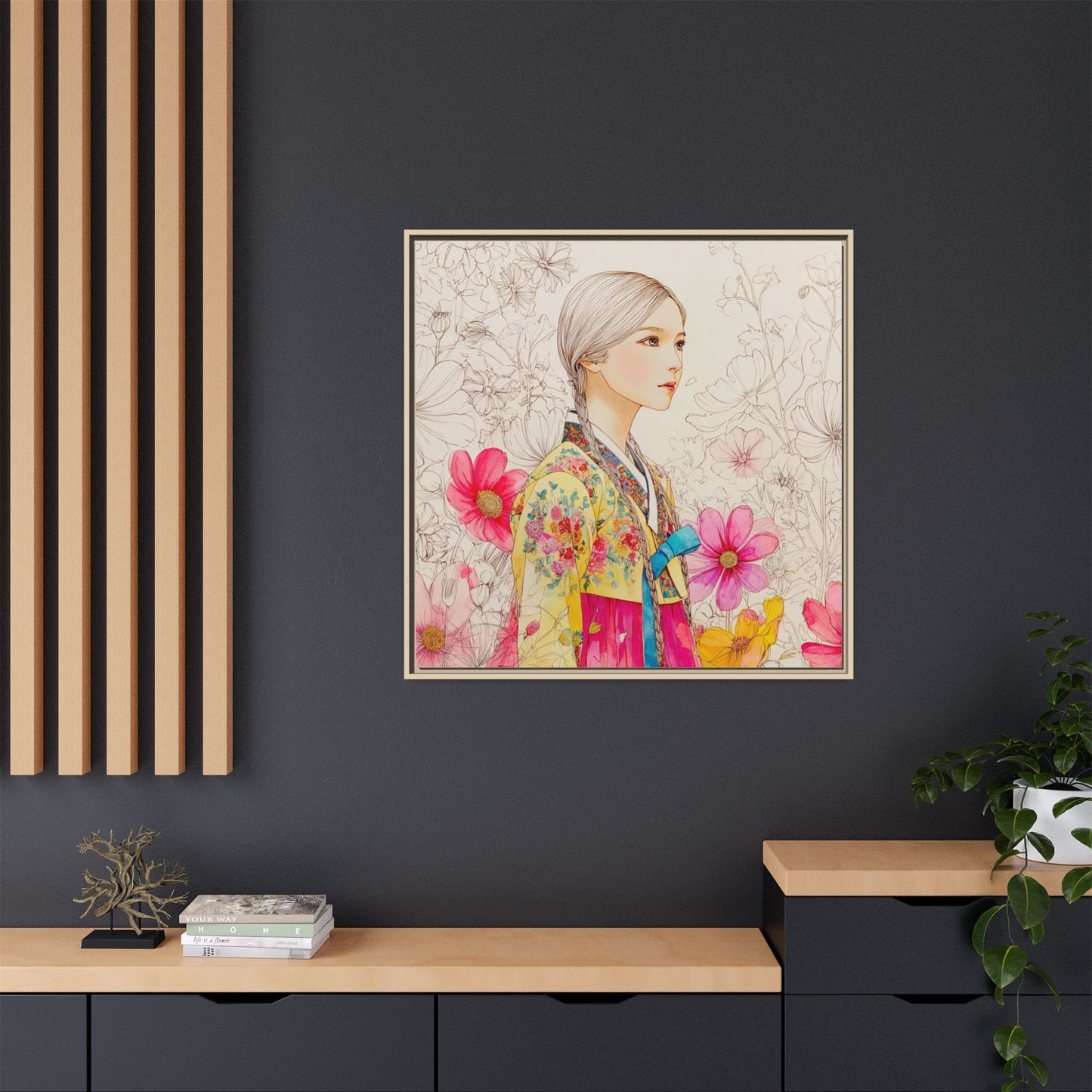Framed Matte Canvas: Korean Hanbok Girl Floral Portrait