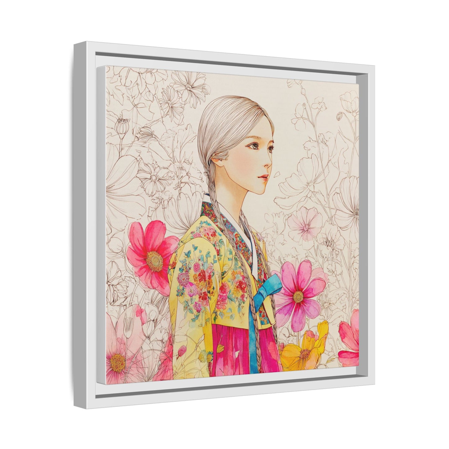 Framed Matte Canvas: Korean Hanbok Girl Floral Portrait