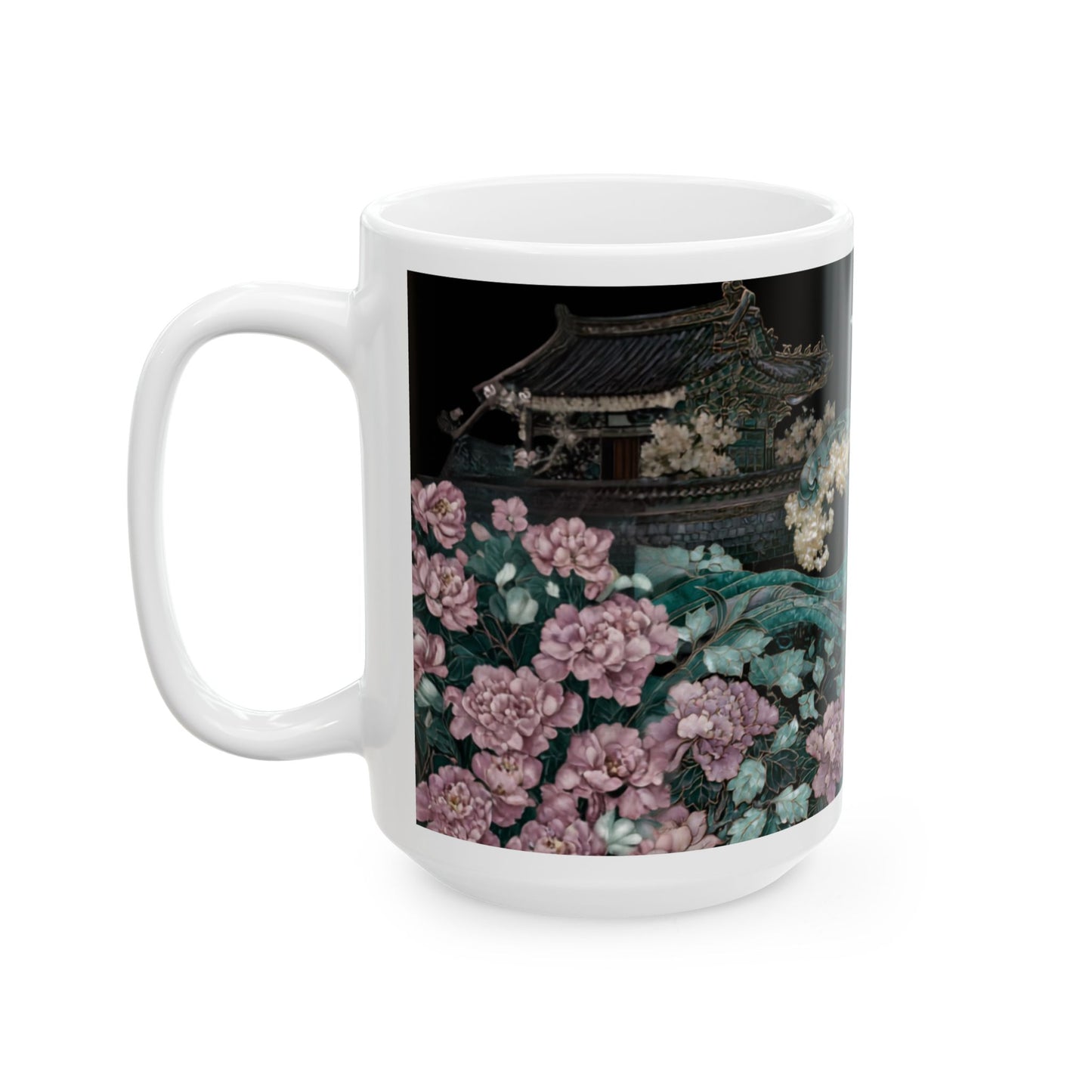 Floral Wave Ceramic Mug — Vintage Japanese-Inspired Crane & Ocean Design (11oz, 15oz)