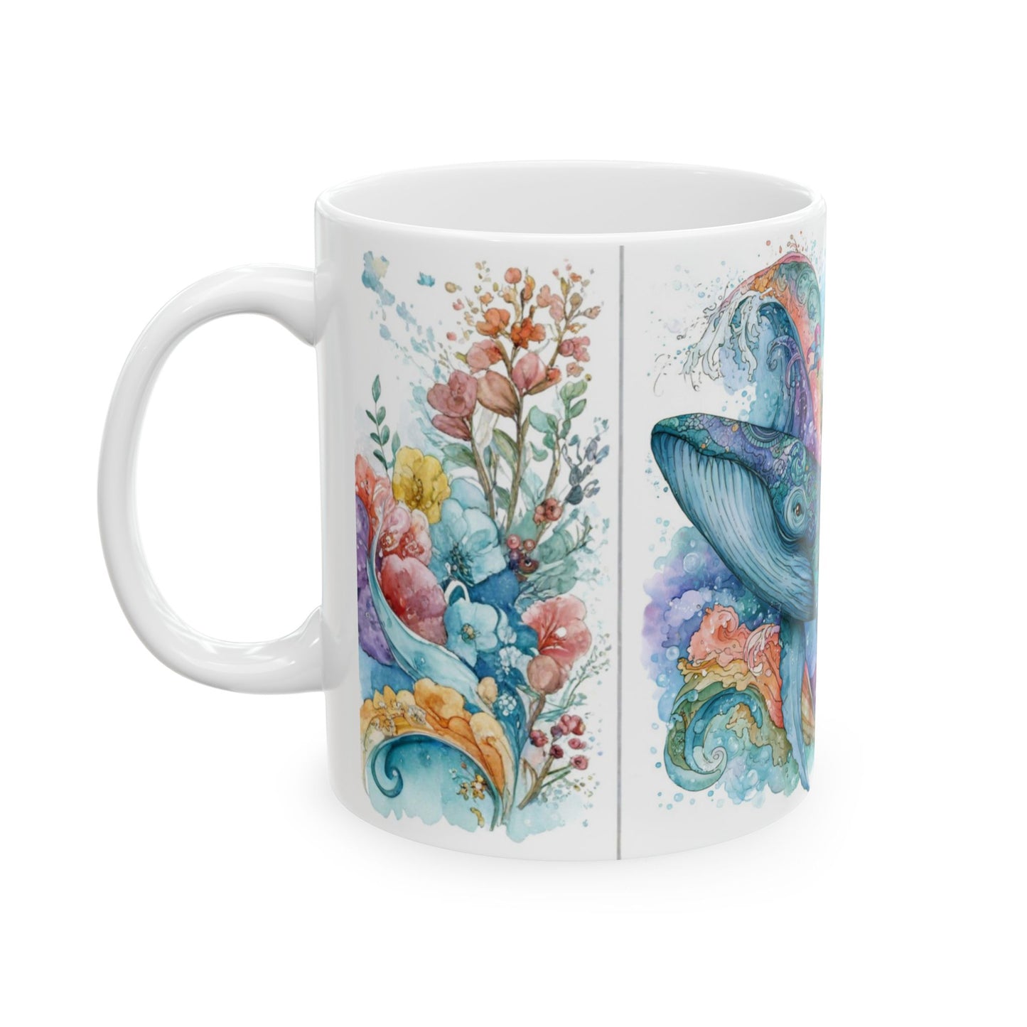 Whale & Ship Watercolor Ceramic Mug — Nautical Ocean Art Coffee Cup (11oz/15oz)