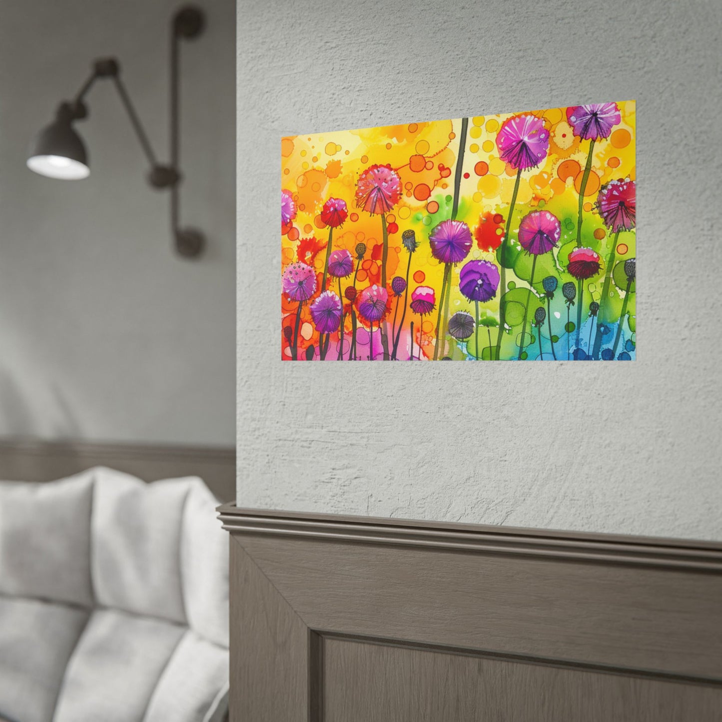 Colorful Floral Watercolor Poster — Rainbow Dandelion Garden Rolled Print