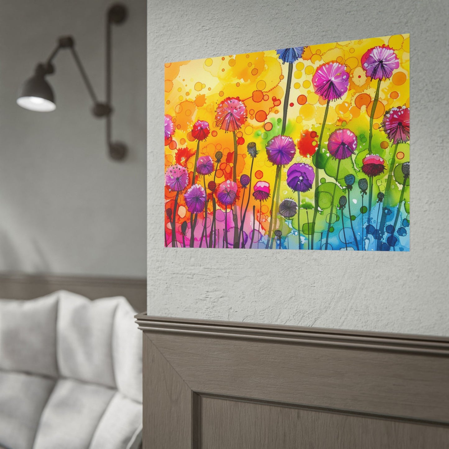 Colorful Floral Watercolor Poster — Rainbow Dandelion Garden Rolled Print