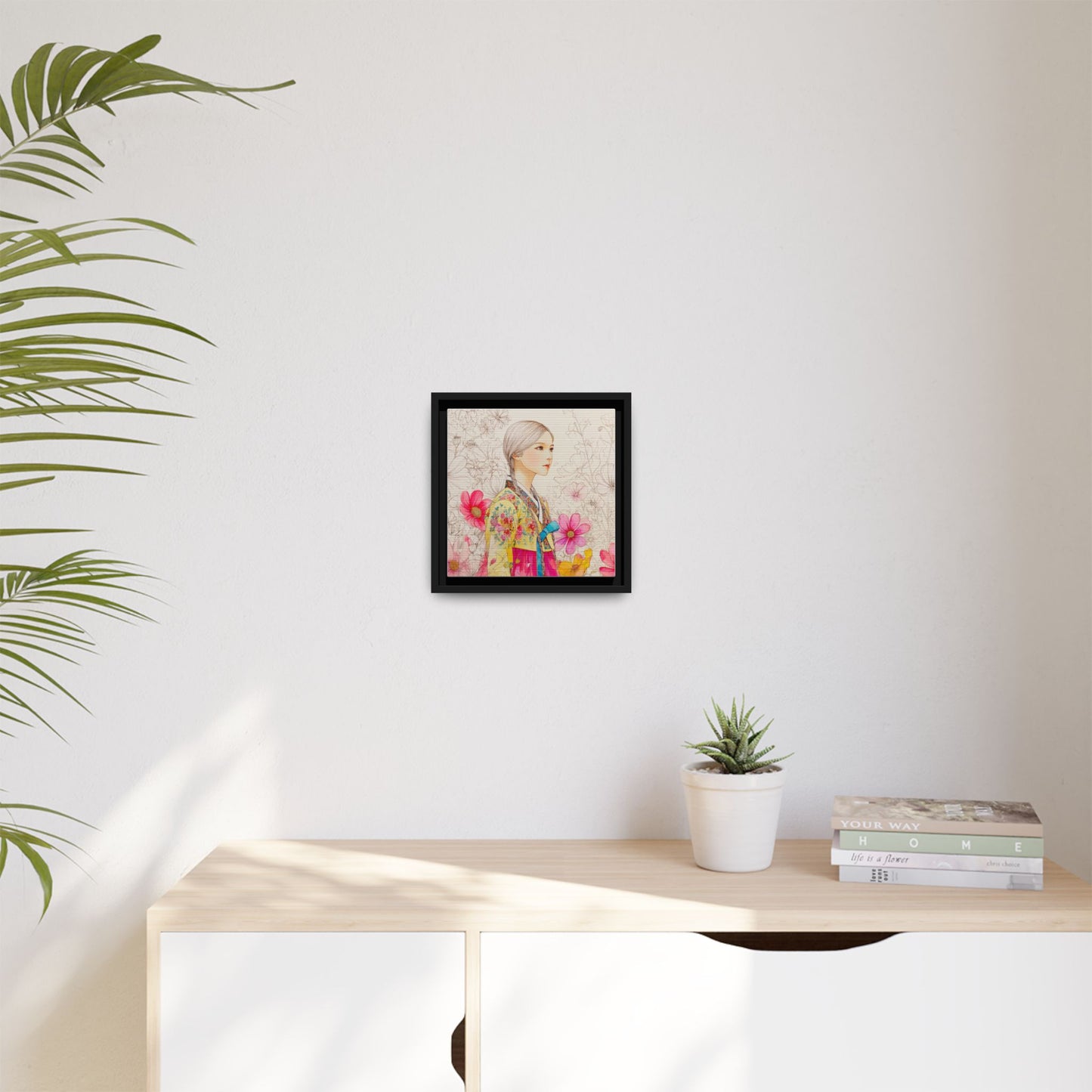 Framed Matte Canvas: Korean Hanbok Girl Floral Portrait