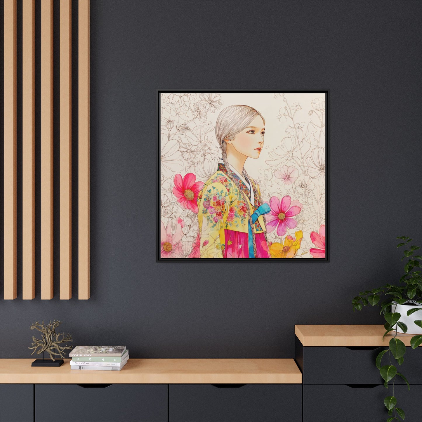 Framed Matte Canvas: Korean Hanbok Girl Floral Portrait