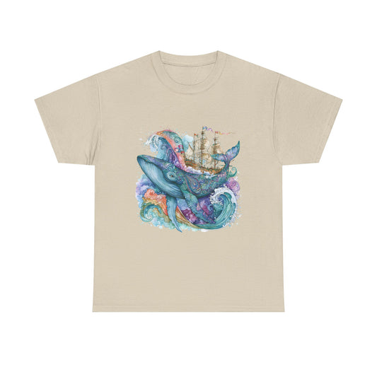 Whale & Ship Watercolor T‑Shirt — Nautical Ocean Art Tee