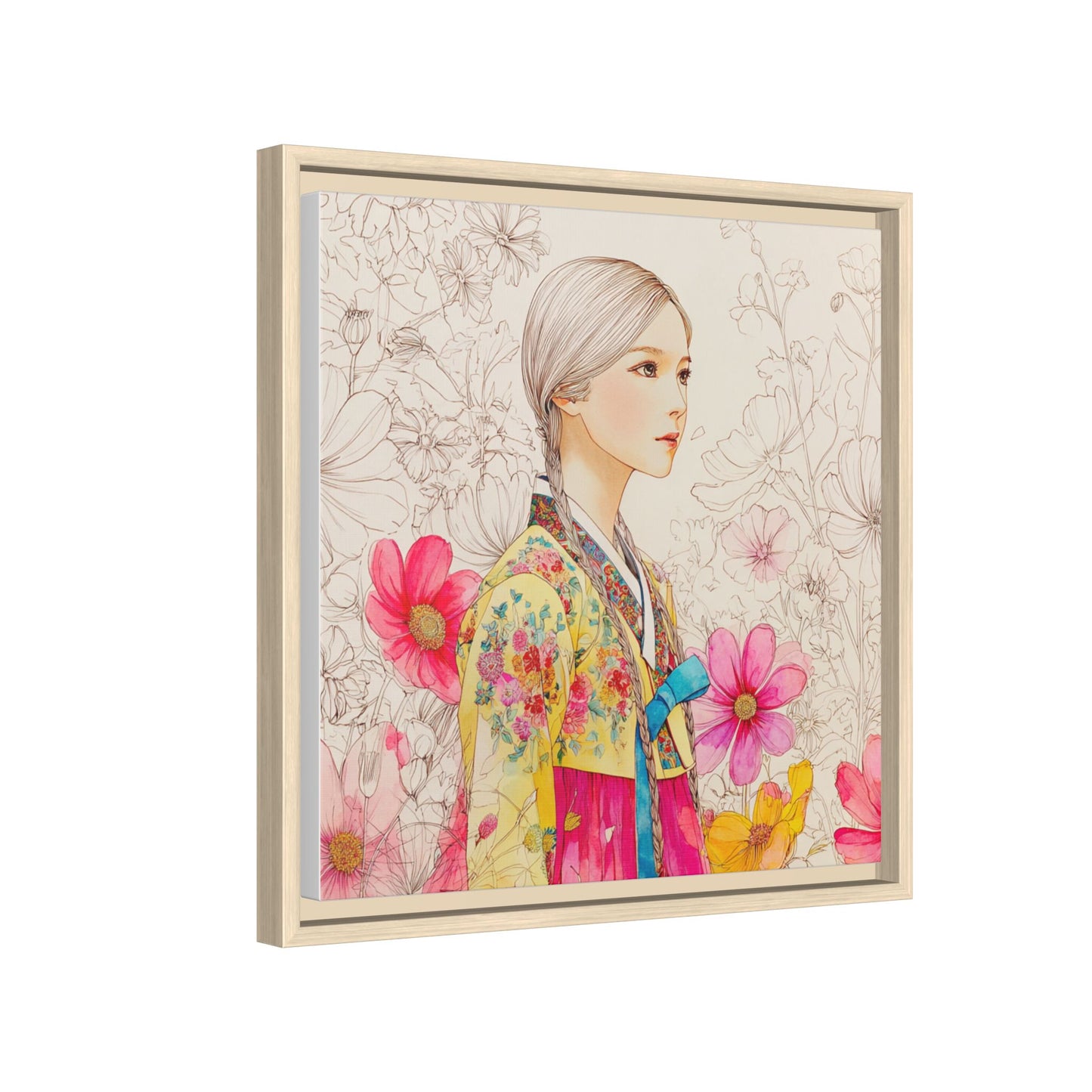 Framed Matte Canvas: Korean Hanbok Girl Floral Portrait