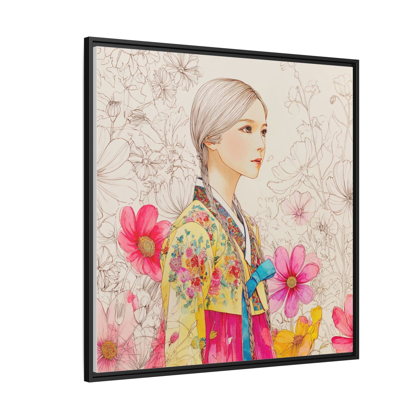 Framed Matte Canvas: Korean Hanbok Girl Floral Portrait