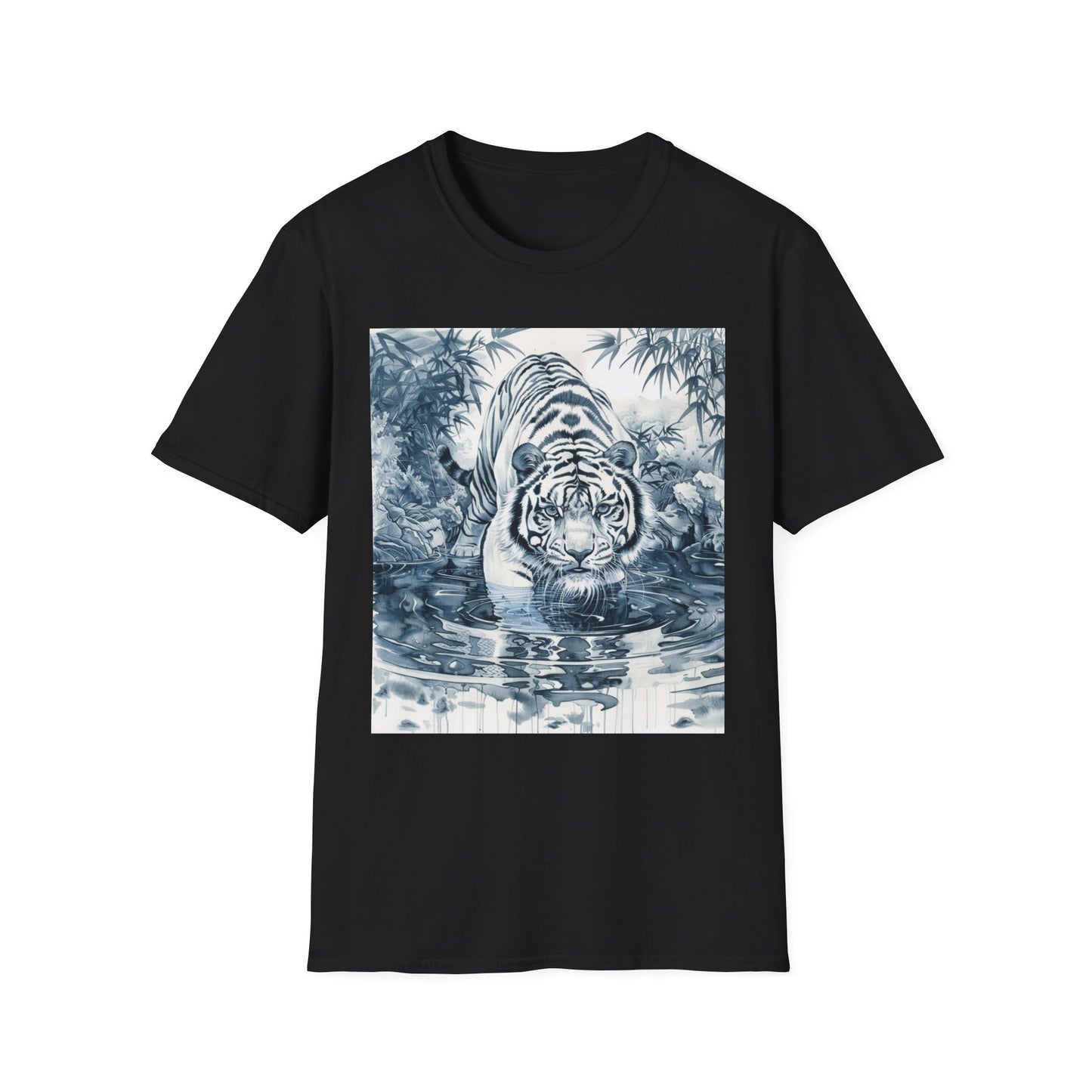 White T‑Shirt with Blue Watercolor Tiger Print — Gentle Jungle Graphic Tee