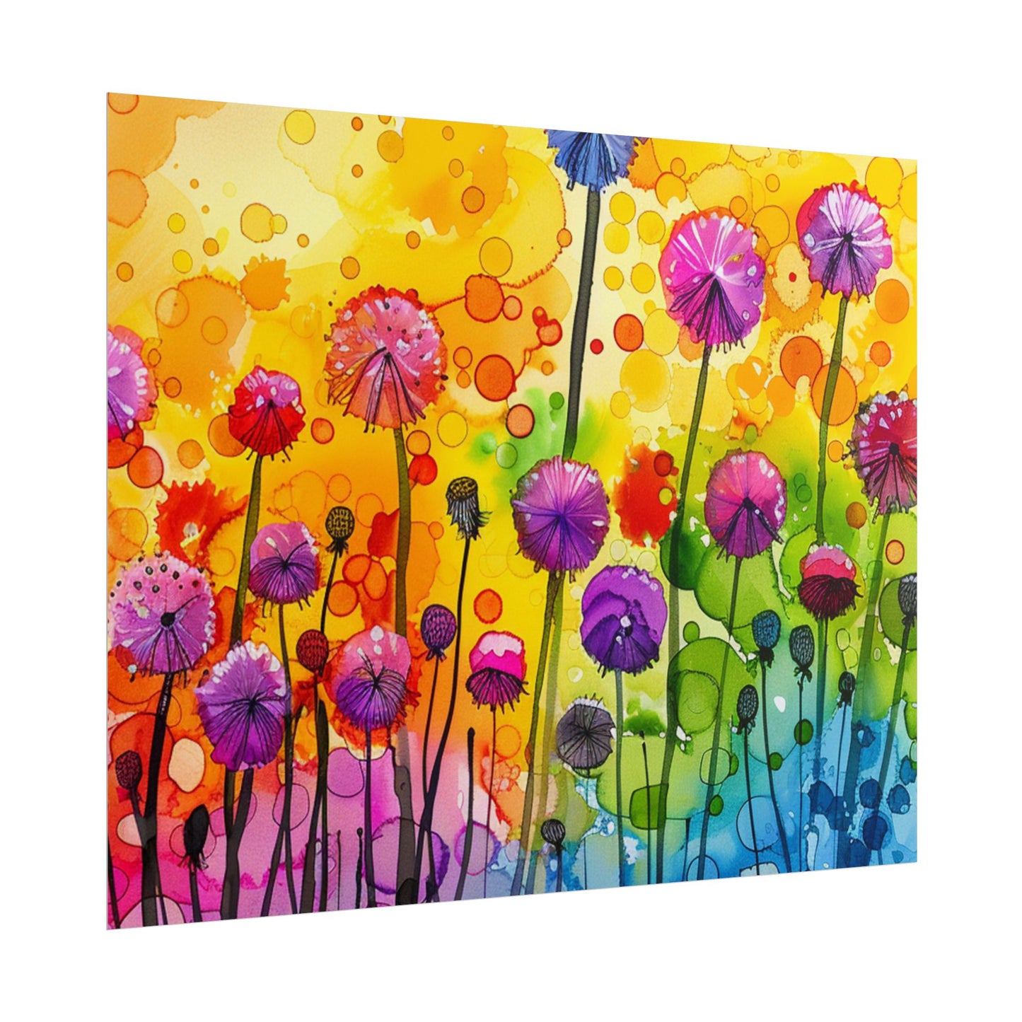 Colorful Floral Watercolor Poster — Rainbow Dandelion Garden Rolled Print