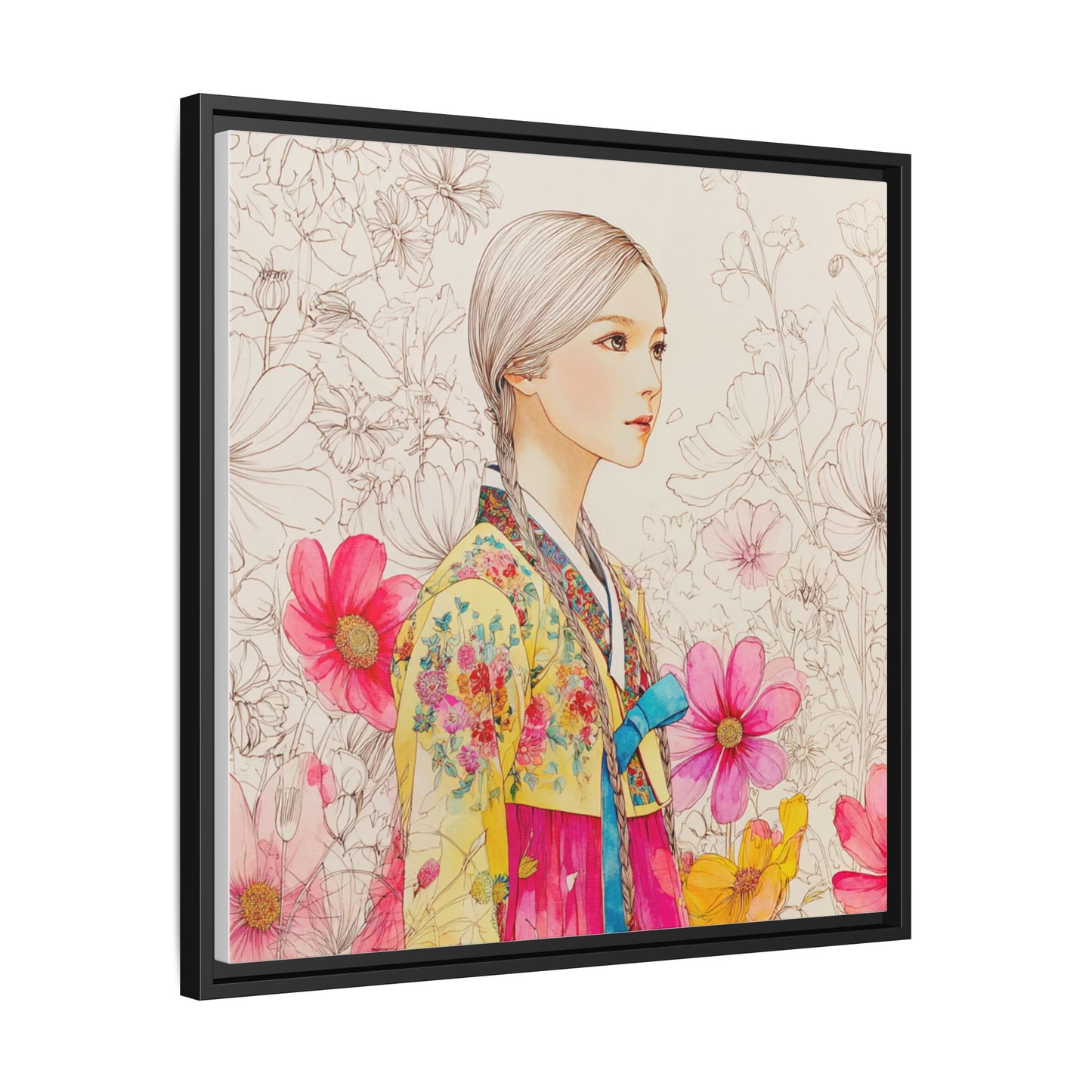 Framed Matte Canvas: Korean Hanbok Girl Floral Portrait