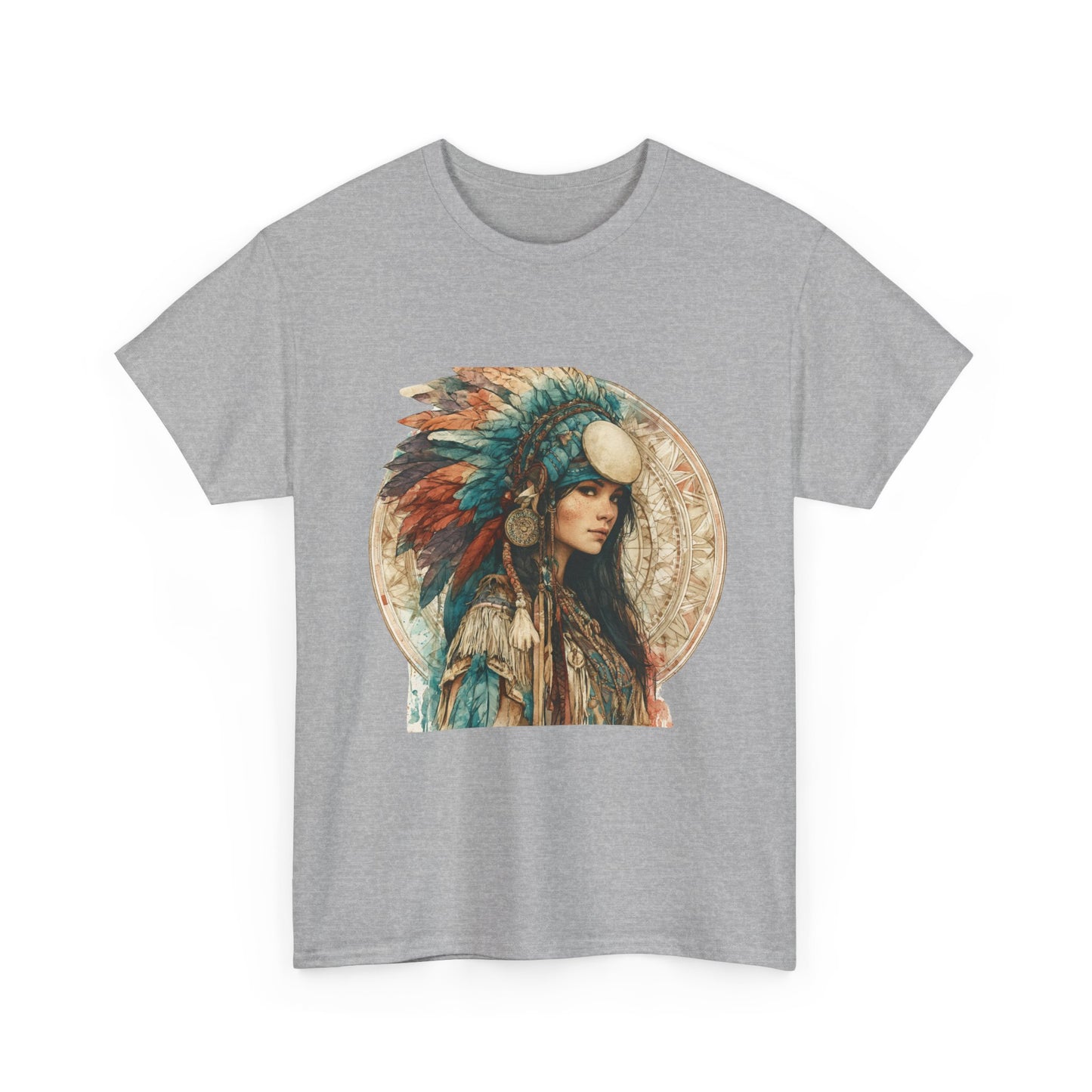 Native Headdress Portrait T‑Shirt — Boho Feather Art Tee