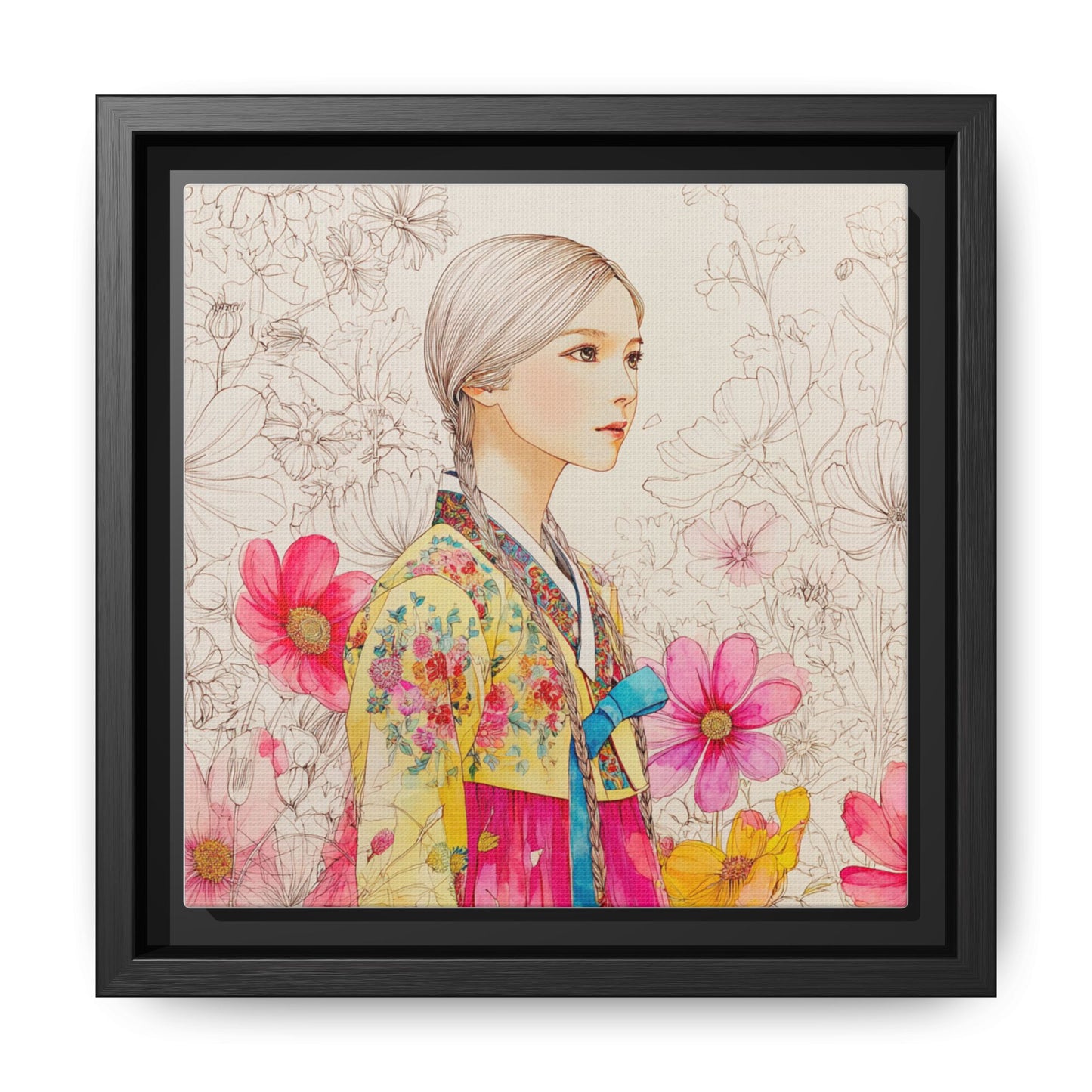 Framed Matte Canvas: Korean Hanbok Girl Floral Portrait
