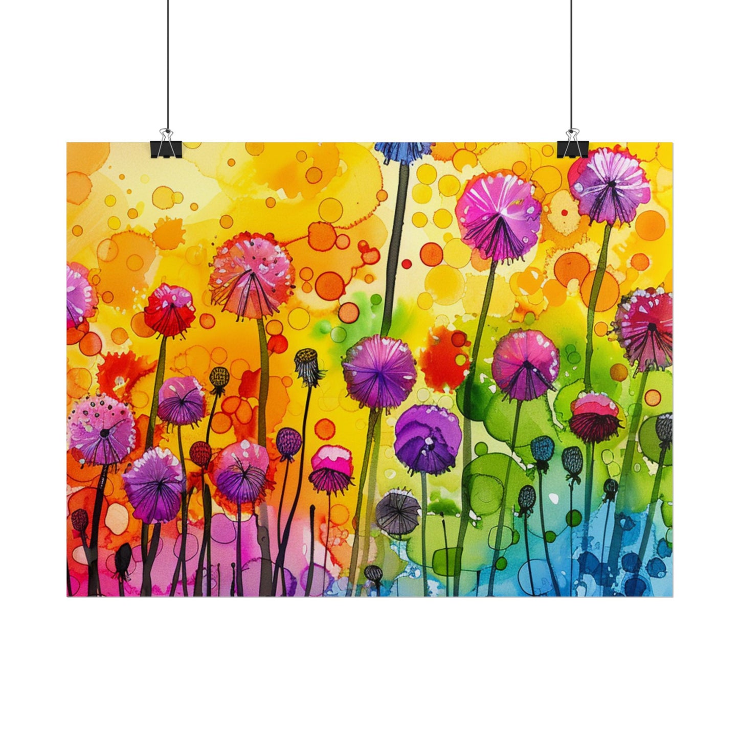 Colorful Floral Watercolor Poster — Rainbow Dandelion Garden Rolled Print