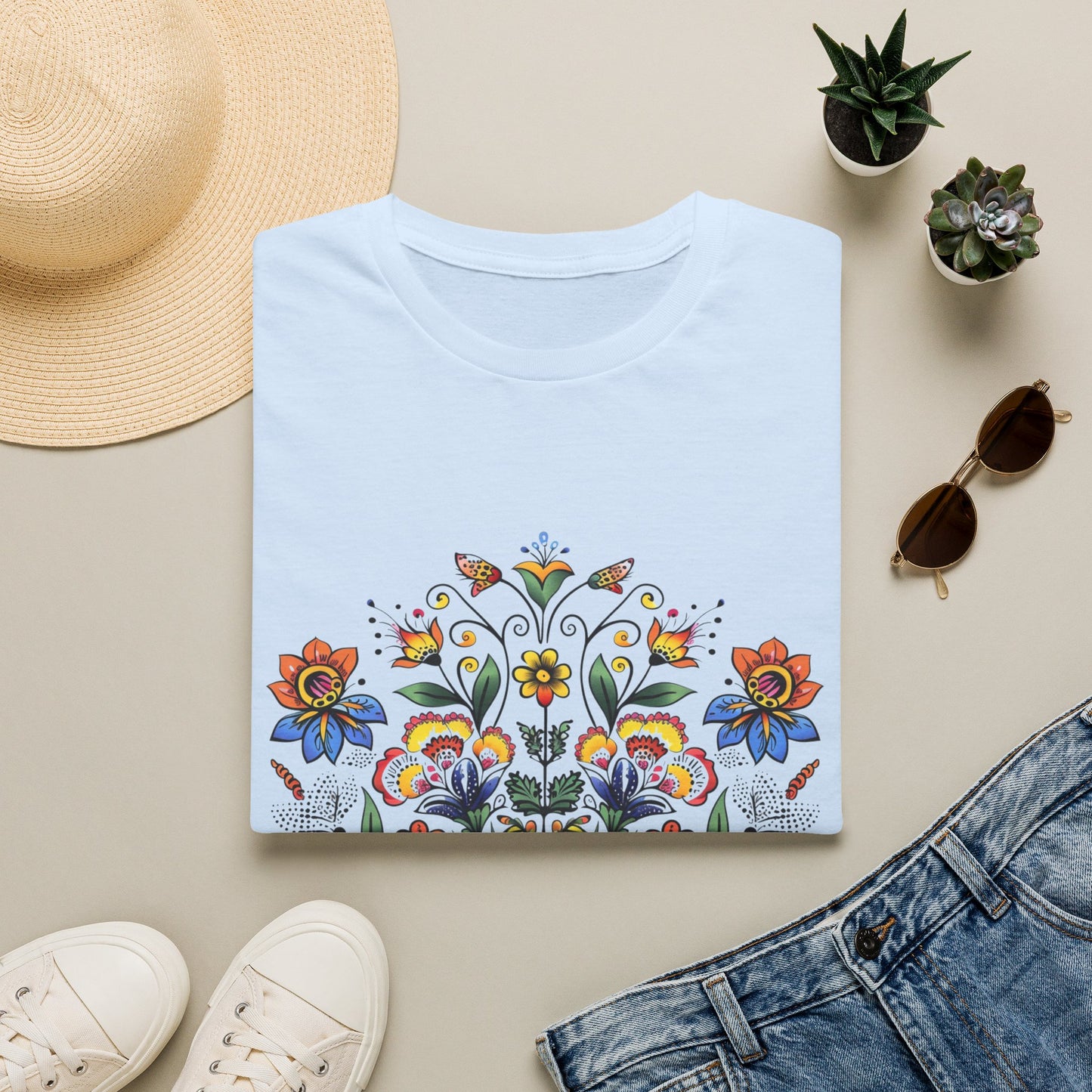 Floral Folk Art T-Shirt — Colorful Boho Flower Motif