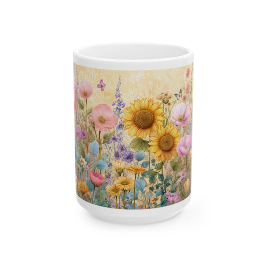 Floral Sunflower Meadow Ceramic Mug – Vintage Wildflower Coffee Cup (11oz, 15oz)