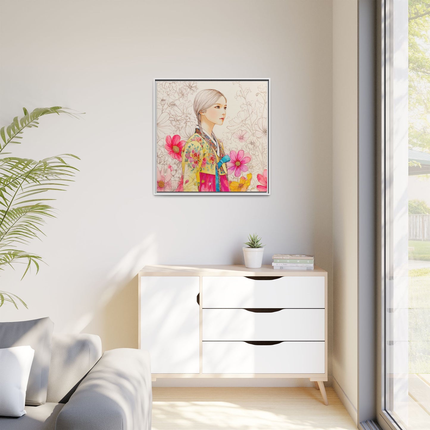 Framed Matte Canvas: Korean Hanbok Girl Floral Portrait