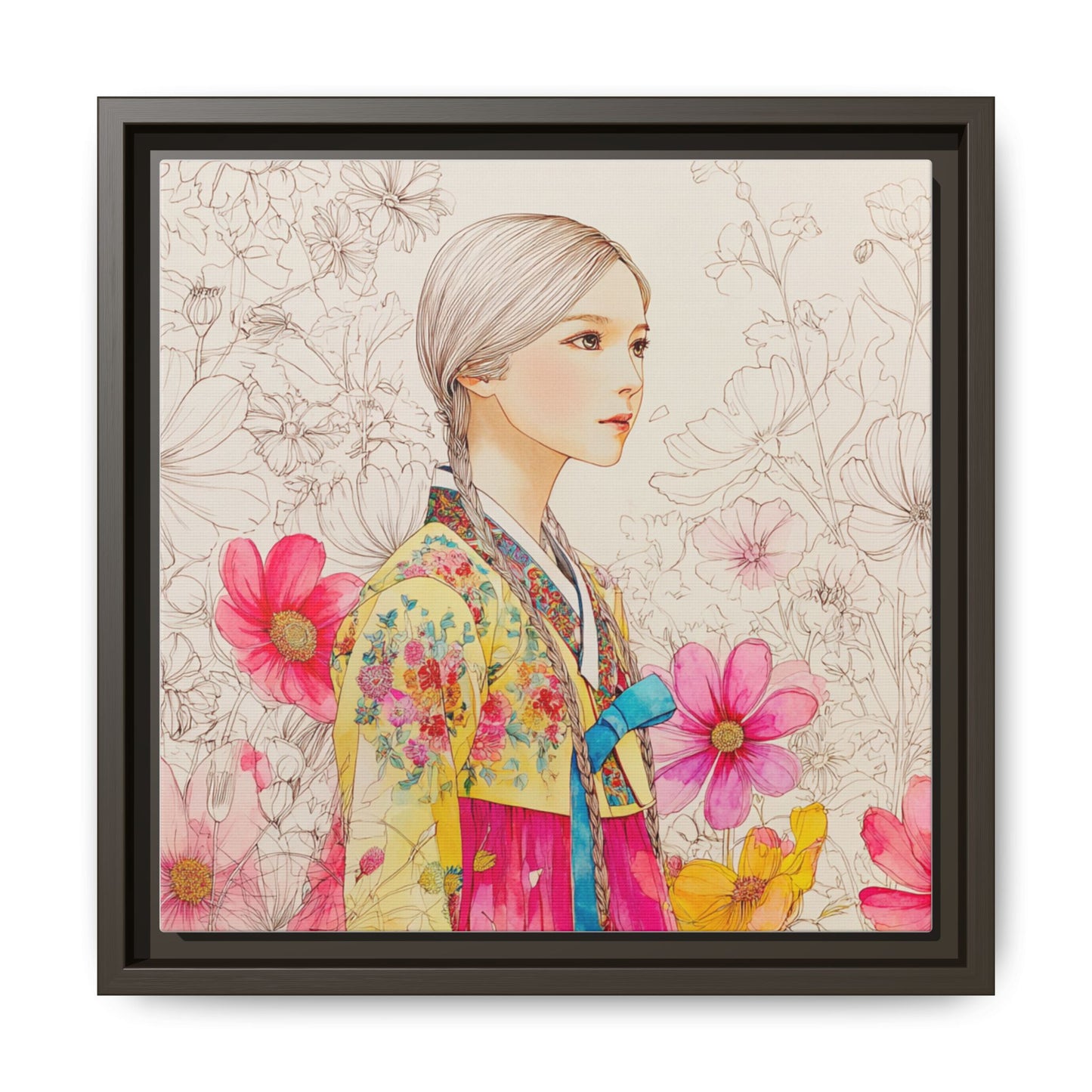 Framed Matte Canvas: Korean Hanbok Girl Floral Portrait