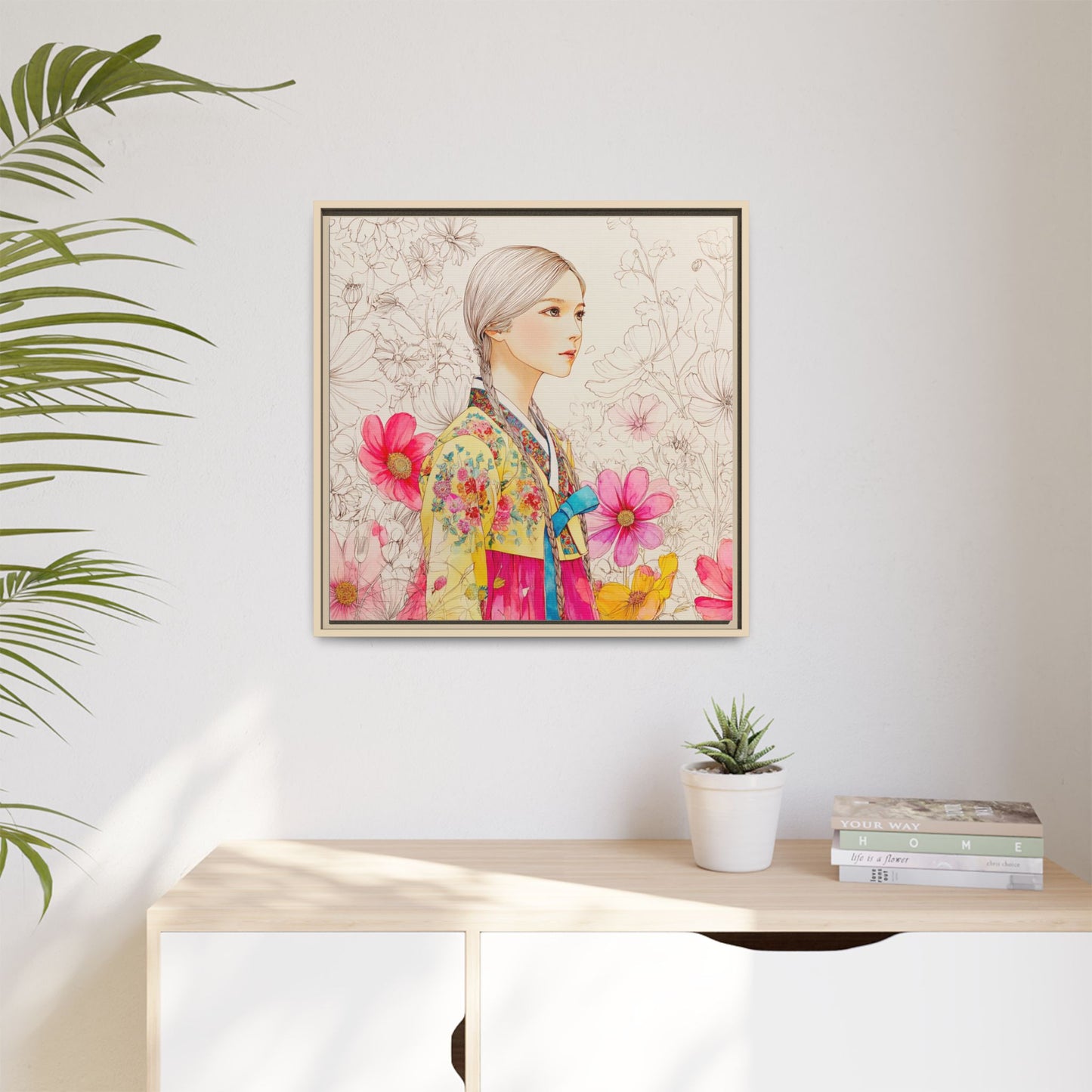 Framed Matte Canvas: Korean Hanbok Girl Floral Portrait