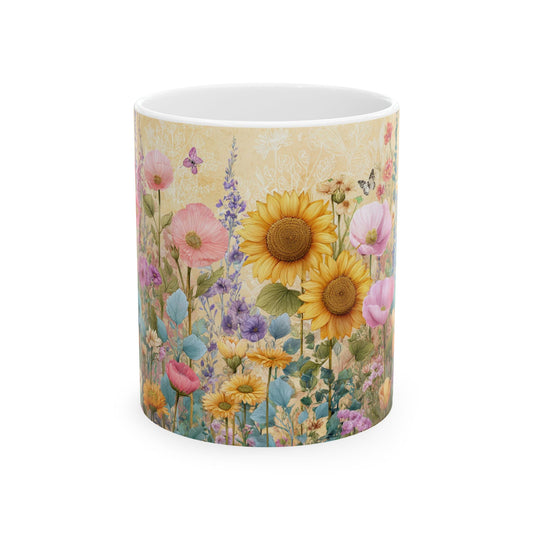 Floral Sunflower Meadow Ceramic Mug – Vintage Wildflower Coffee Cup (11oz, 15oz)