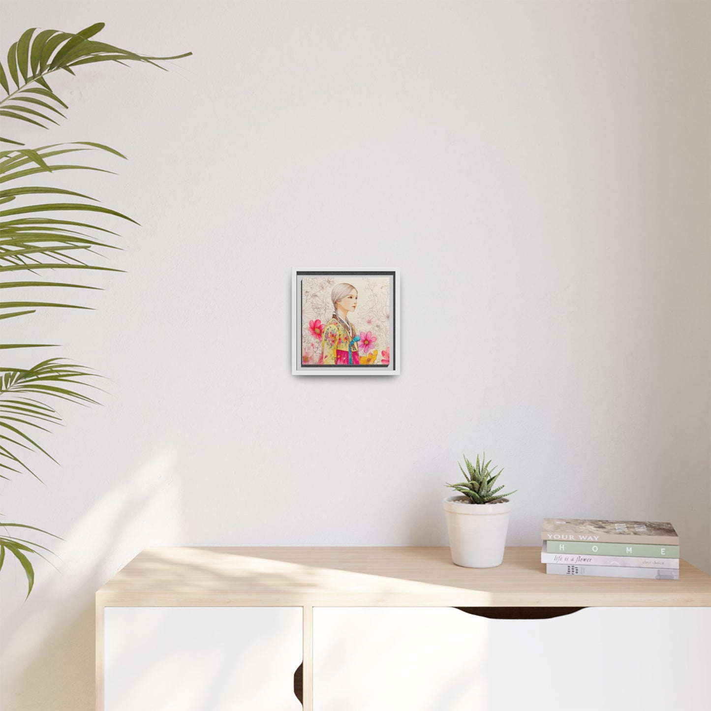 Framed Matte Canvas: Korean Hanbok Girl Floral Portrait