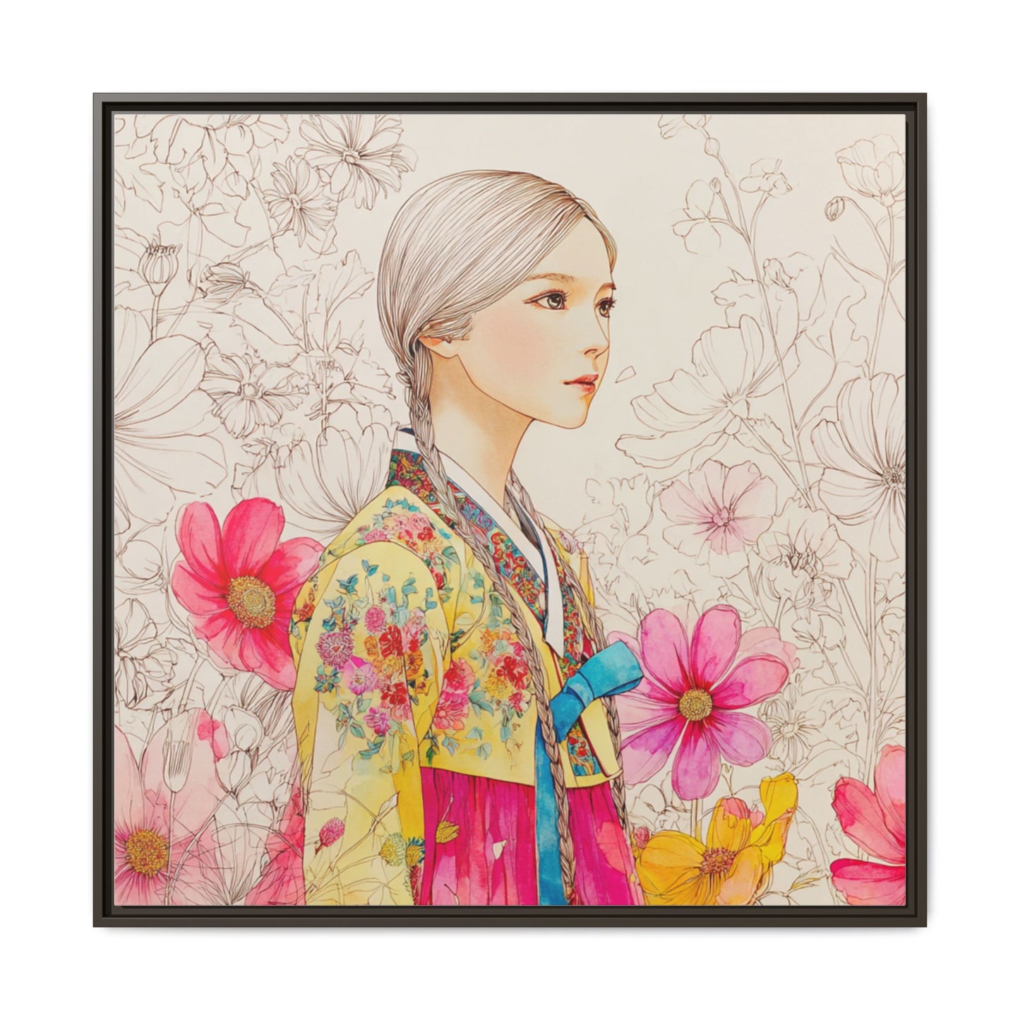 Framed Matte Canvas: Korean Hanbok Girl Floral Portrait