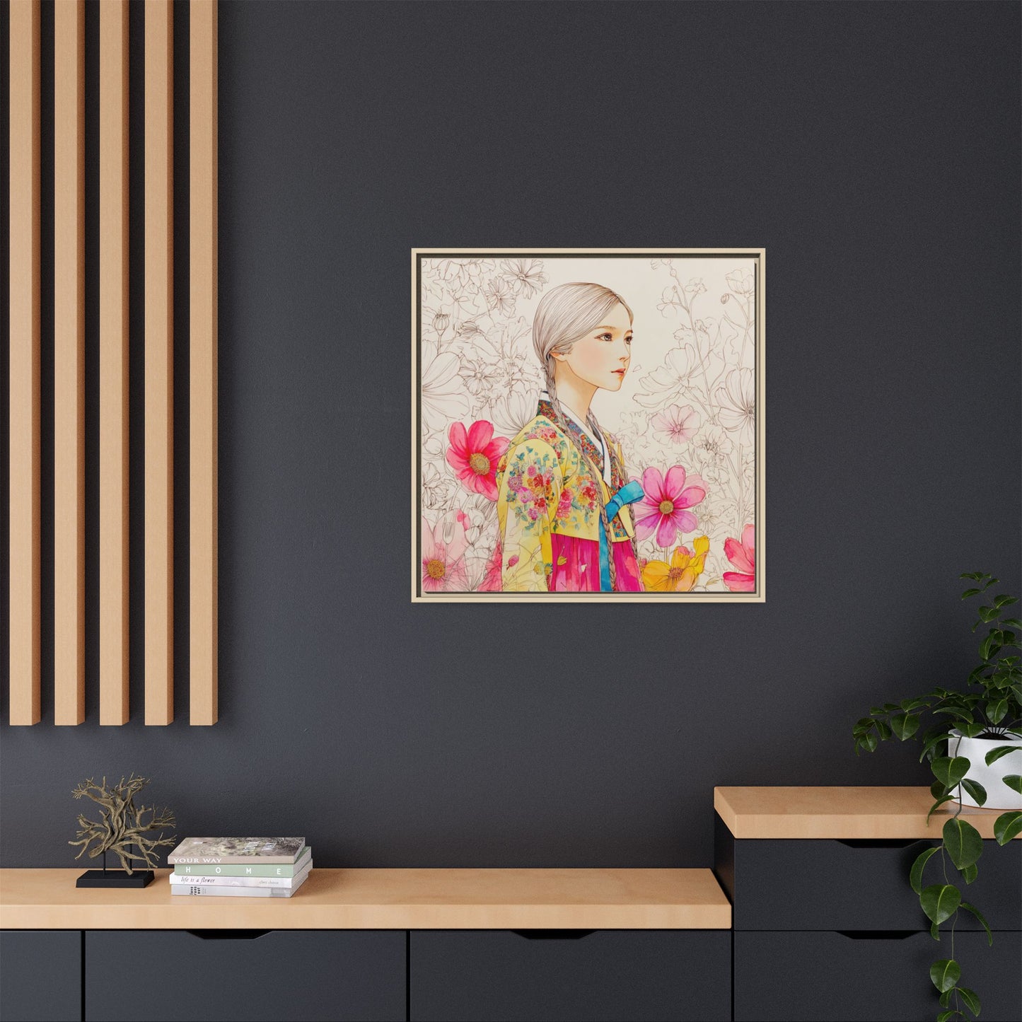 Framed Matte Canvas: Korean Hanbok Girl Floral Portrait