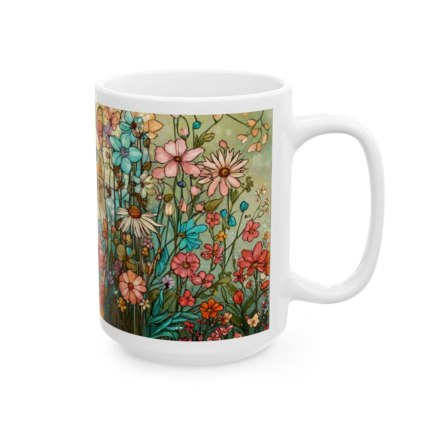 Floral Cat Ceramic Mug — Colorful Stained-Glass Style 11oz & 15oz