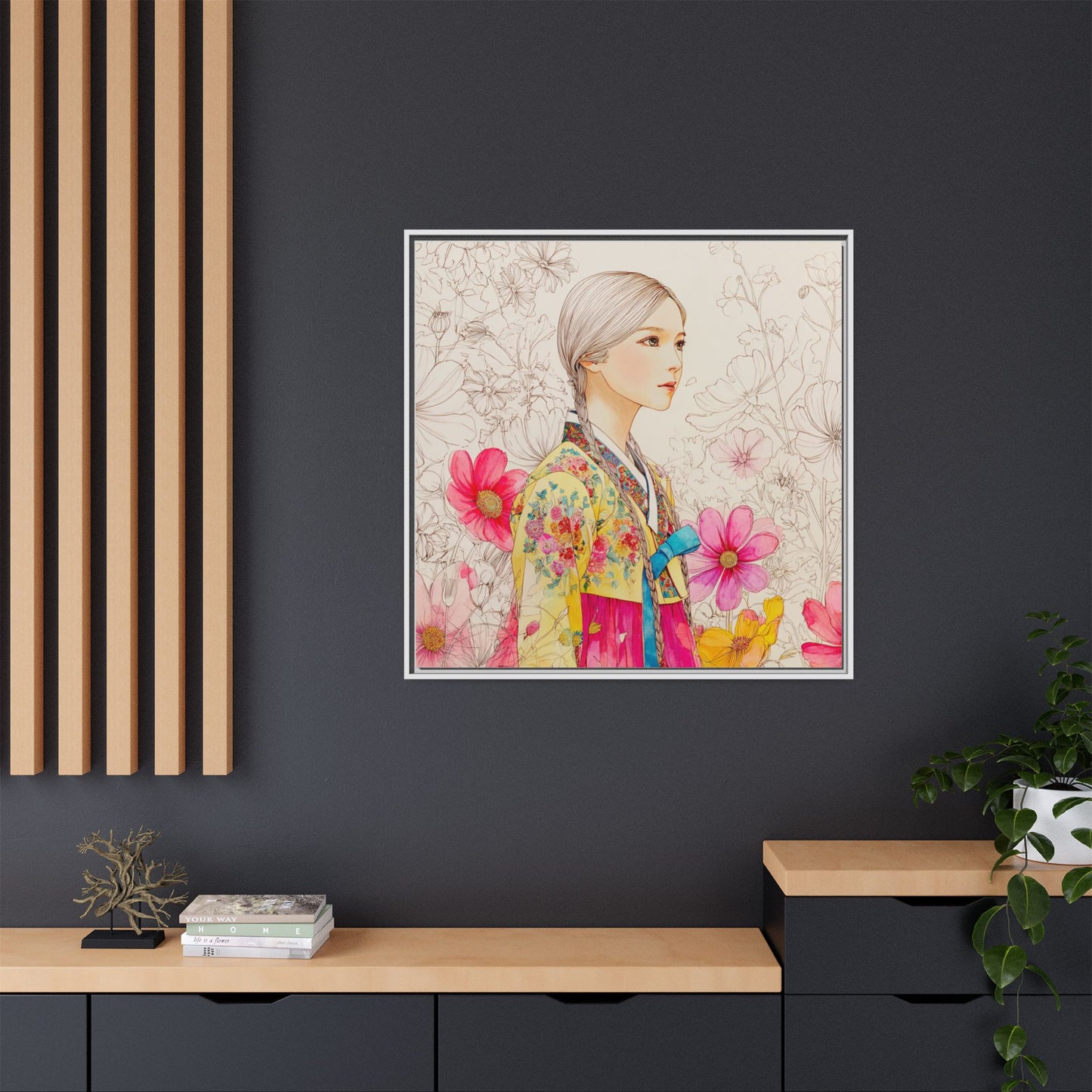 Framed Matte Canvas: Korean Hanbok Girl Floral Portrait