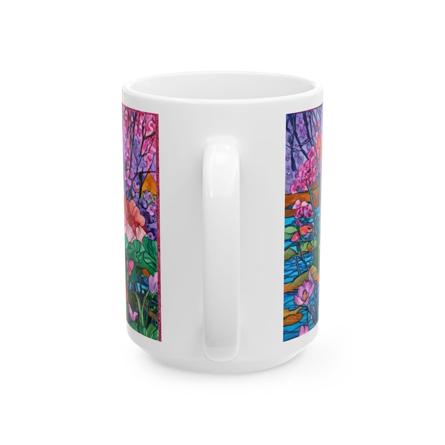 Stained Glass Cranes Ceramic Mug — Floral Lotus Tea Cup (11oz & 15oz)