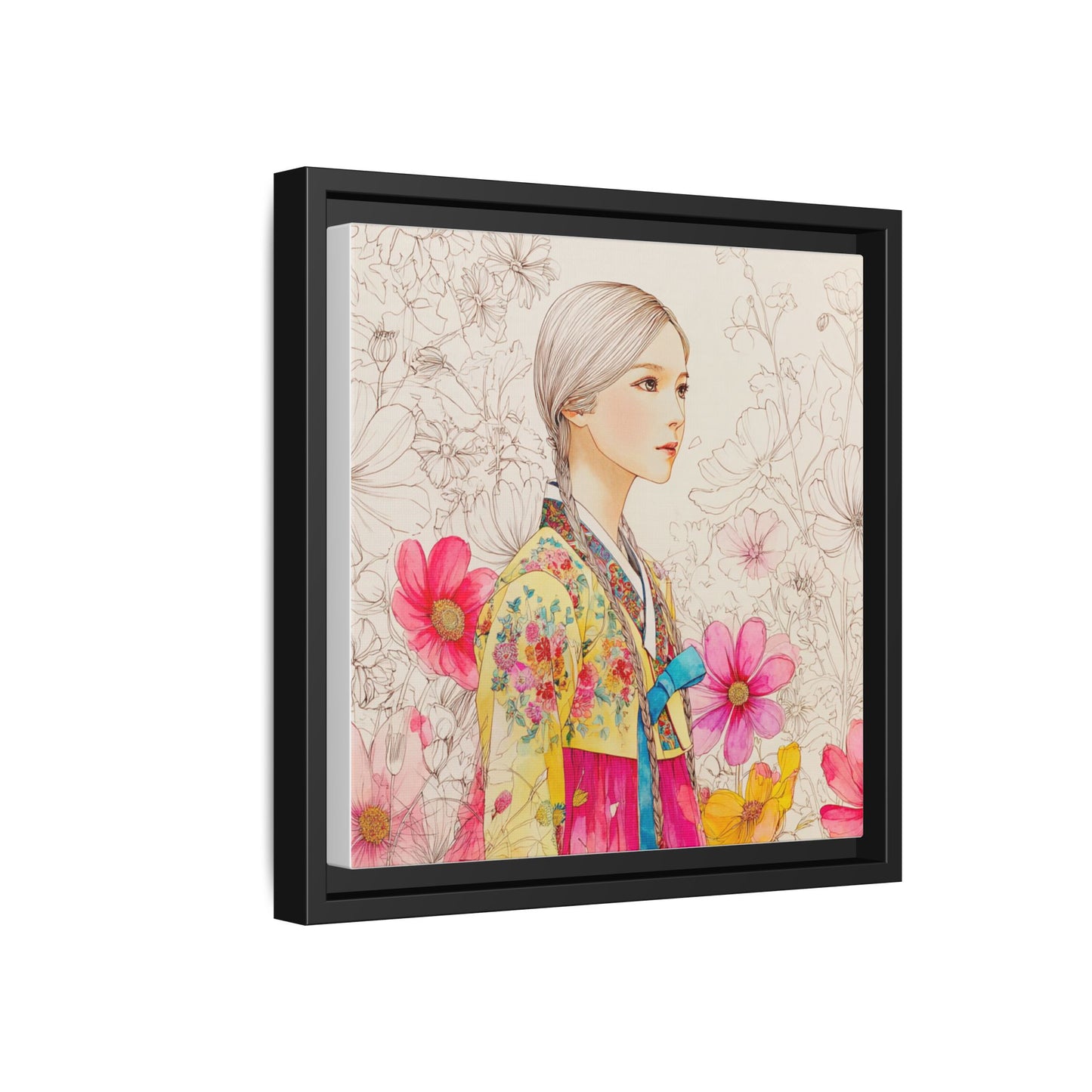 Framed Matte Canvas: Korean Hanbok Girl Floral Portrait