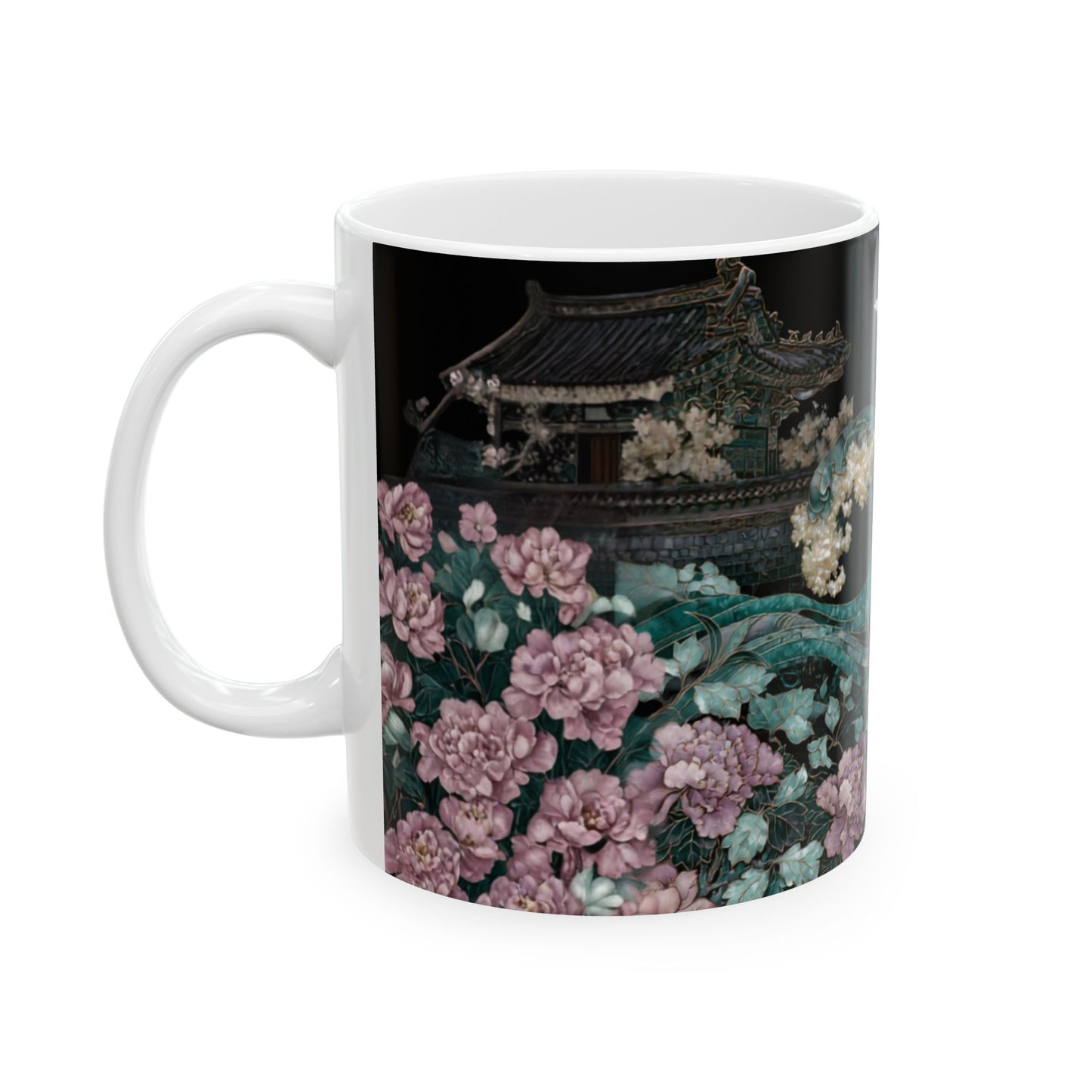 Floral Wave Ceramic Mug — Vintage Japanese-Inspired Crane & Ocean Design (11oz, 15oz)