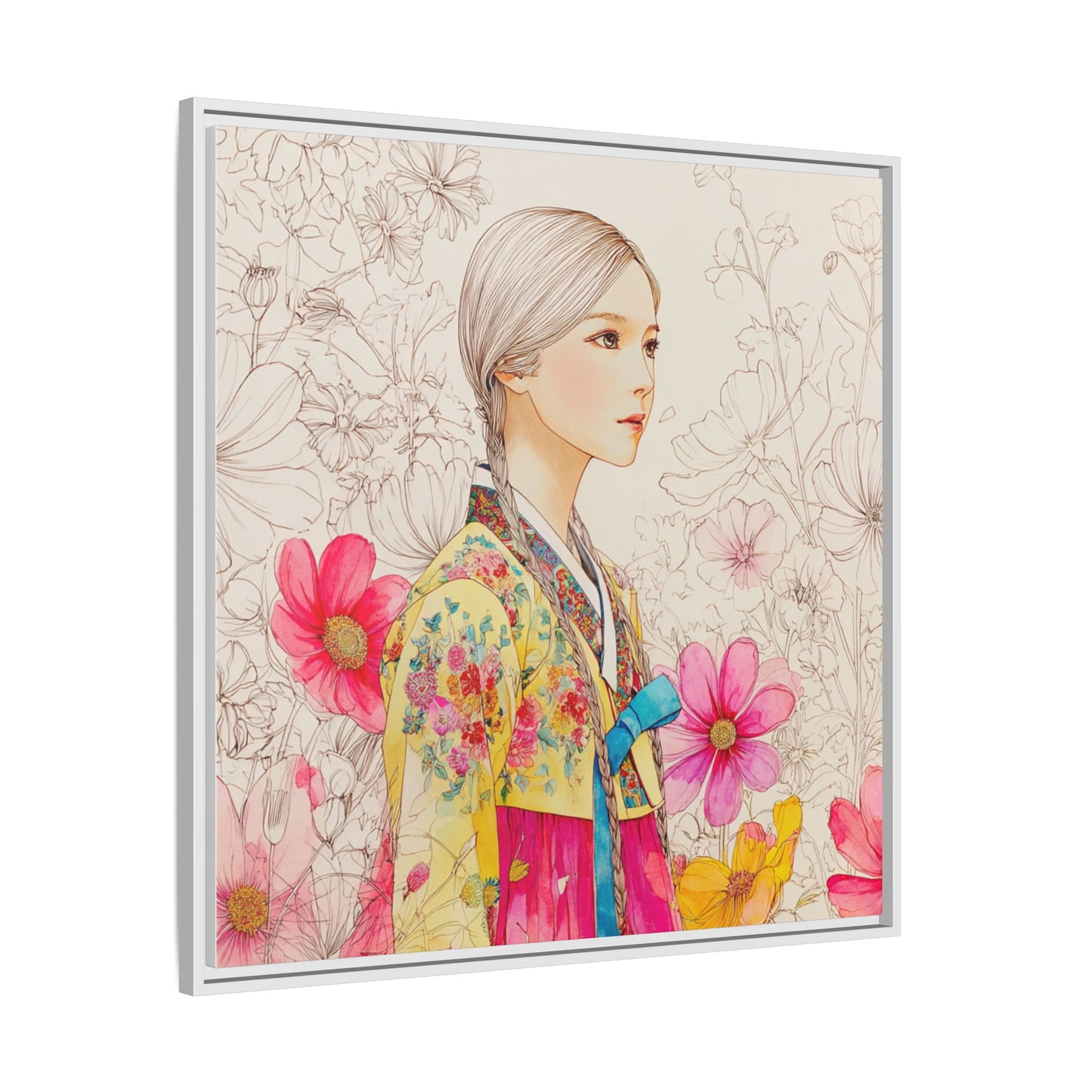 Framed Matte Canvas: Korean Hanbok Girl Floral Portrait