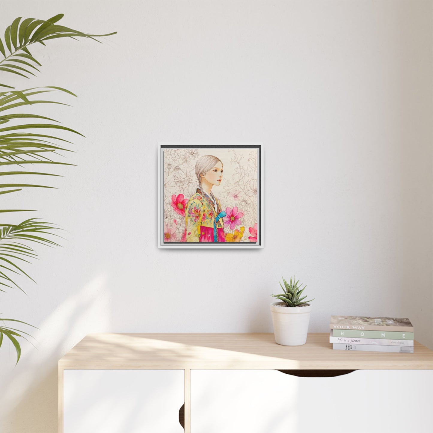 Framed Matte Canvas: Korean Hanbok Girl Floral Portrait